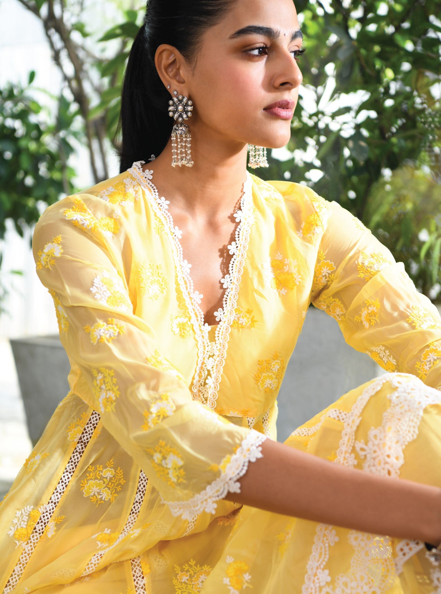 Mulmul Organza Stirling Yellow Anarkali Kurta With Cotton Stirling Yellow Pant