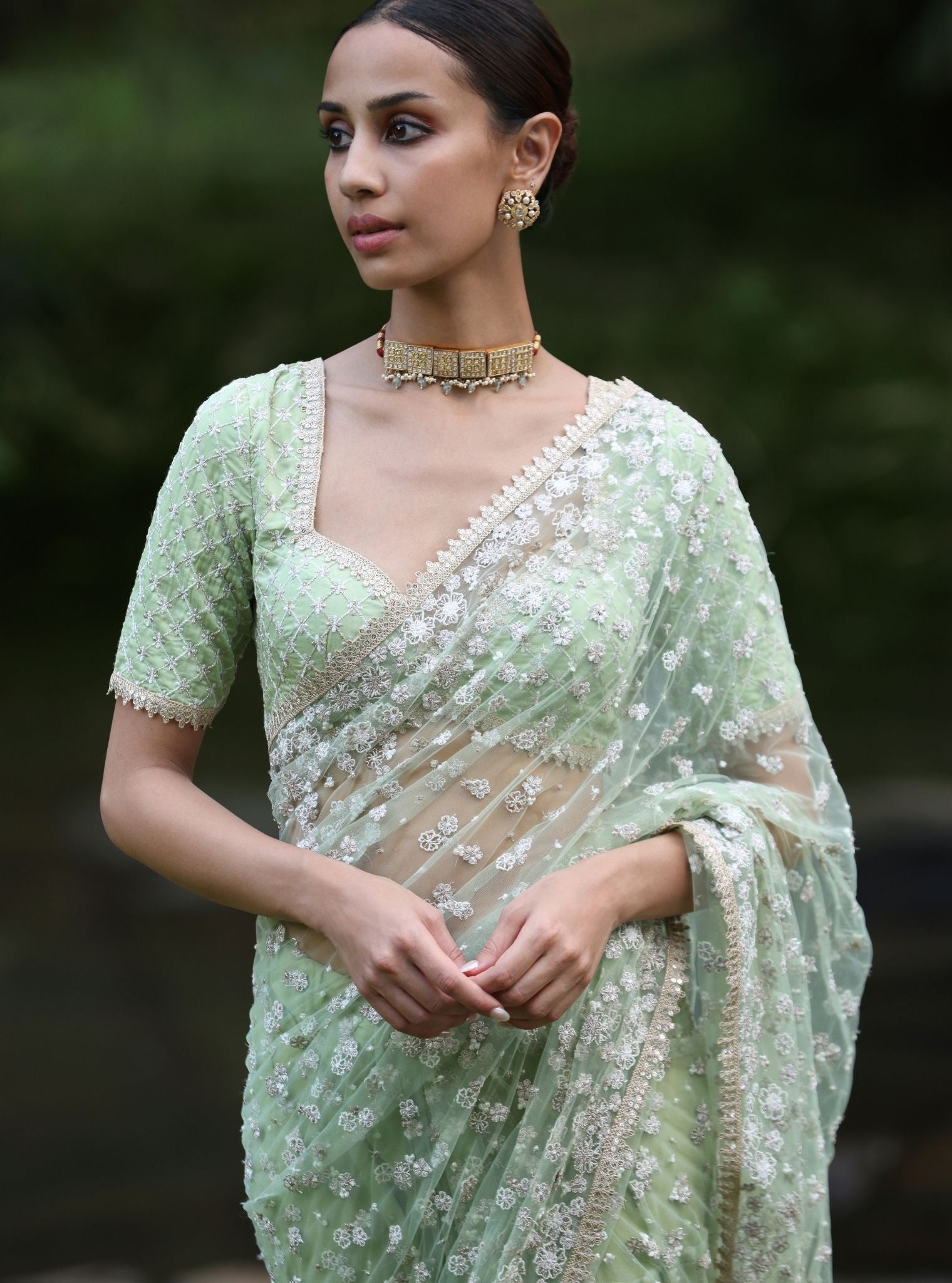 Mulmul Net Kala Green Saree