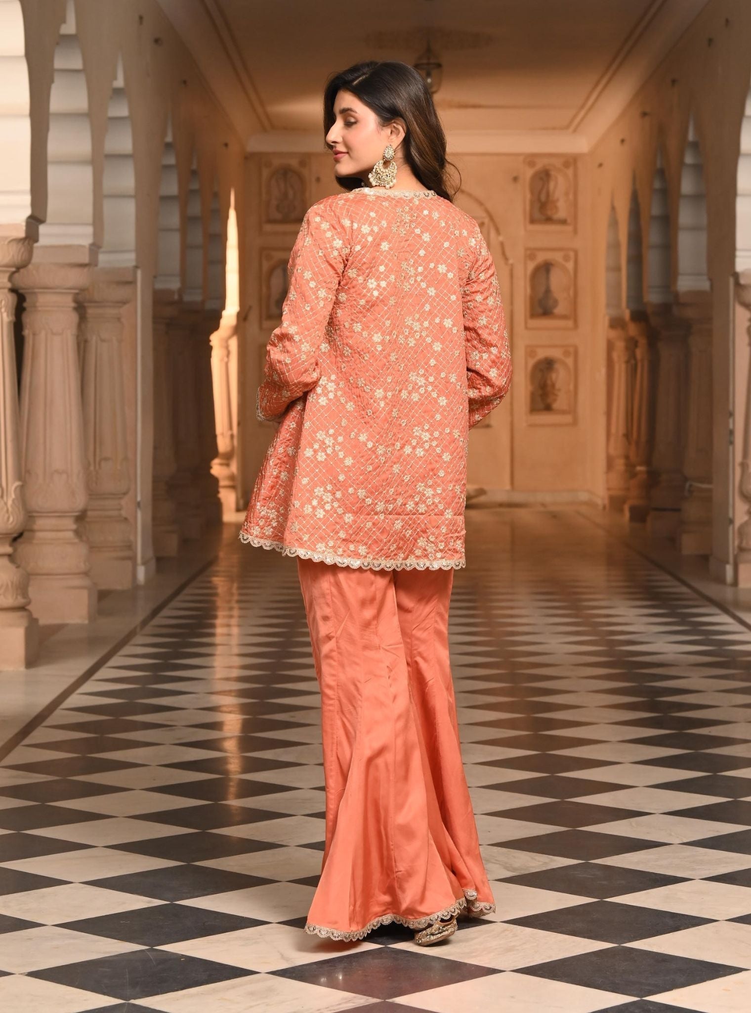 Mulmul Organza Satin Afreen Burnt Orange Top with Mulmul Modal Satin Afreen Burnt Orange Sharara