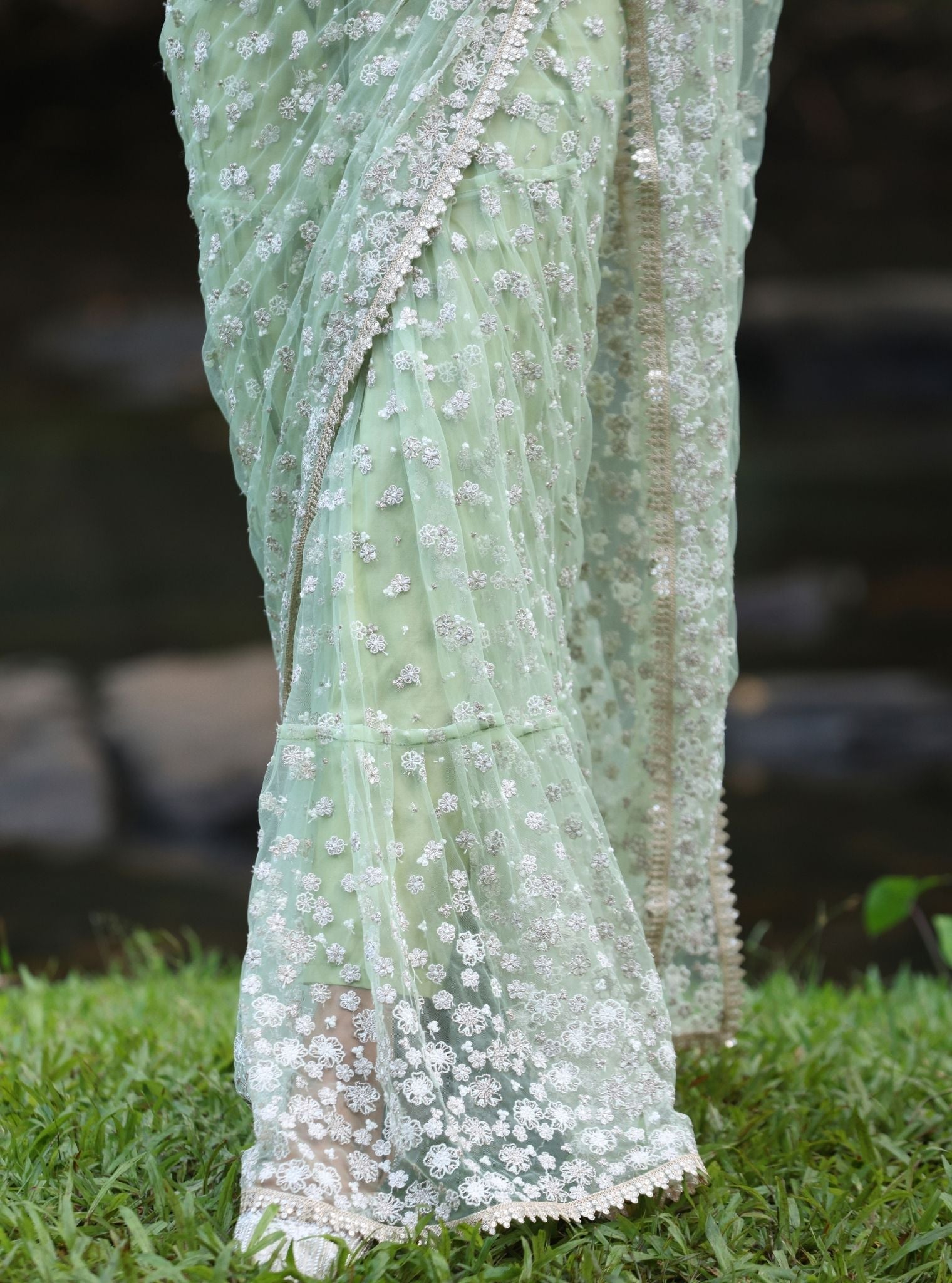 Mulmul Net Kala Green Saree