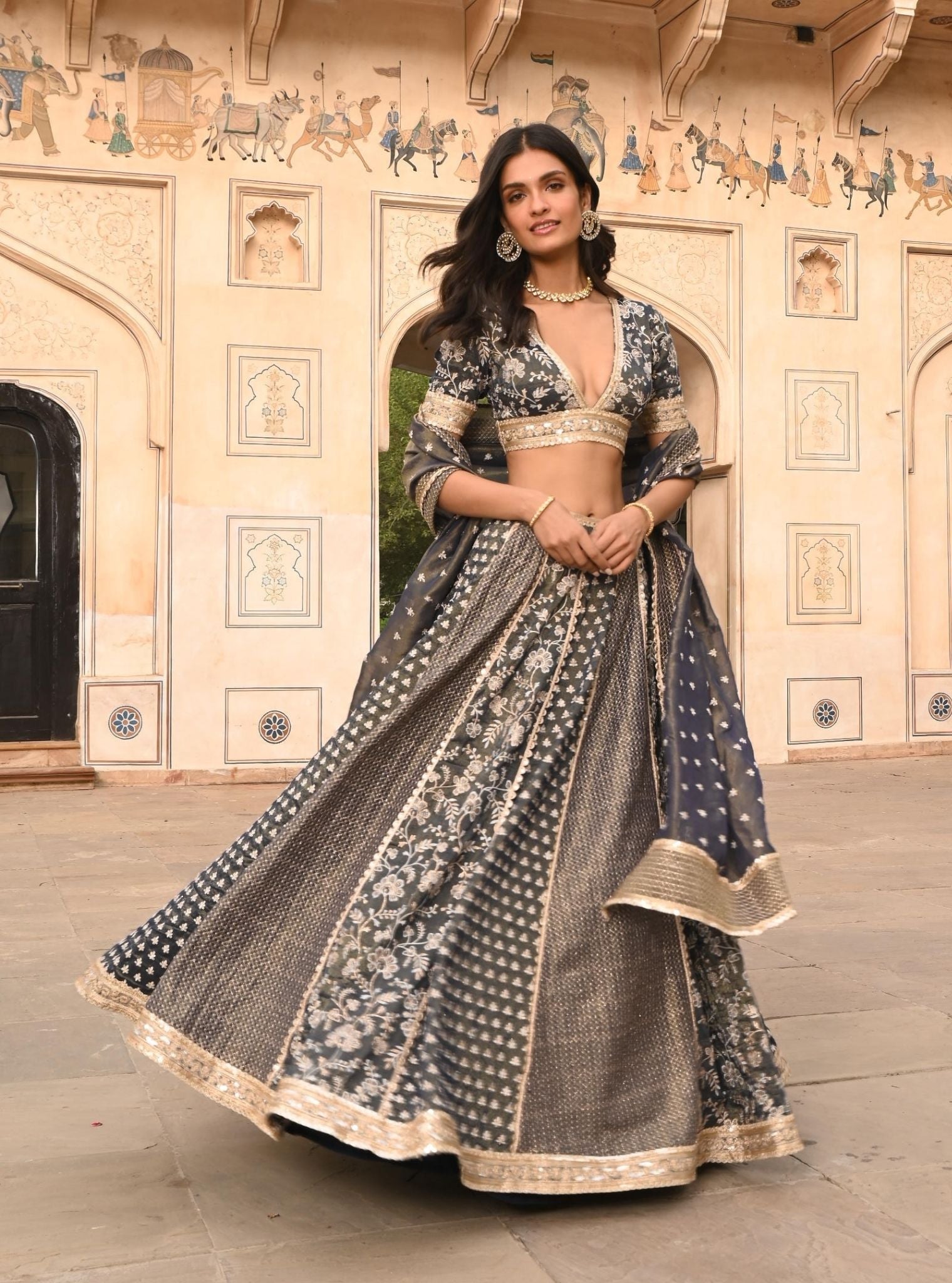 Mulmul Luxe Tissue Satin Deewani Navy Lehenga