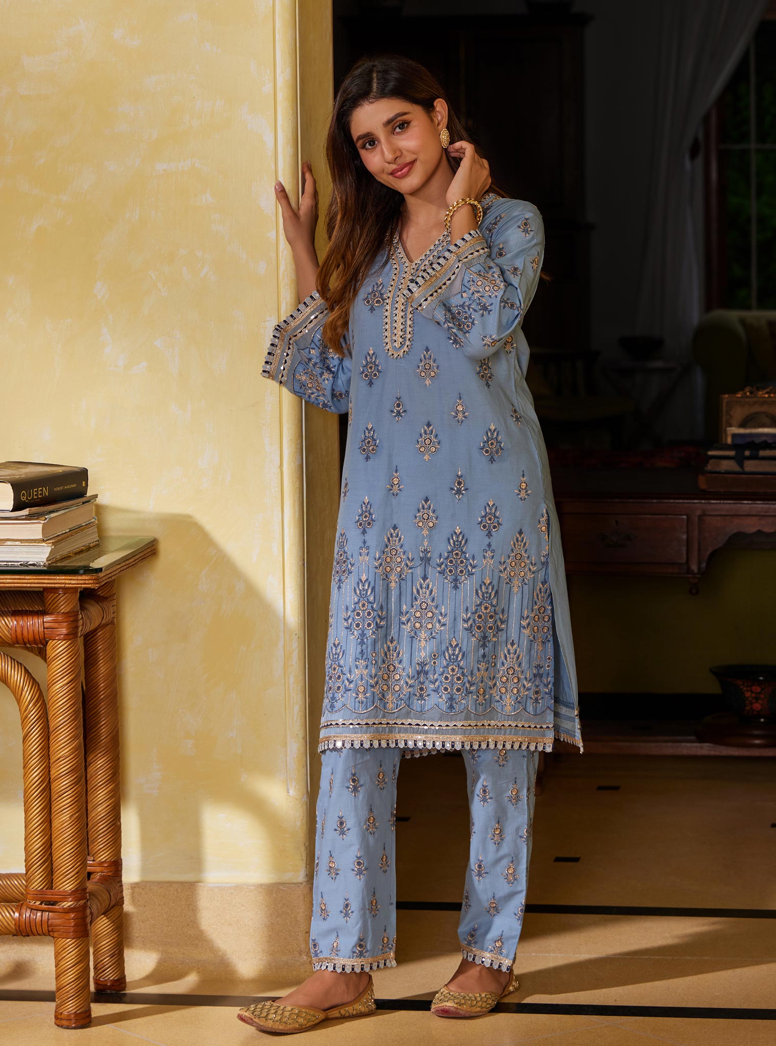 Mulmul Cotton Amaltas Dark Blue Kurta with Mulmul Cotton Amaltas Dark Blue Pant