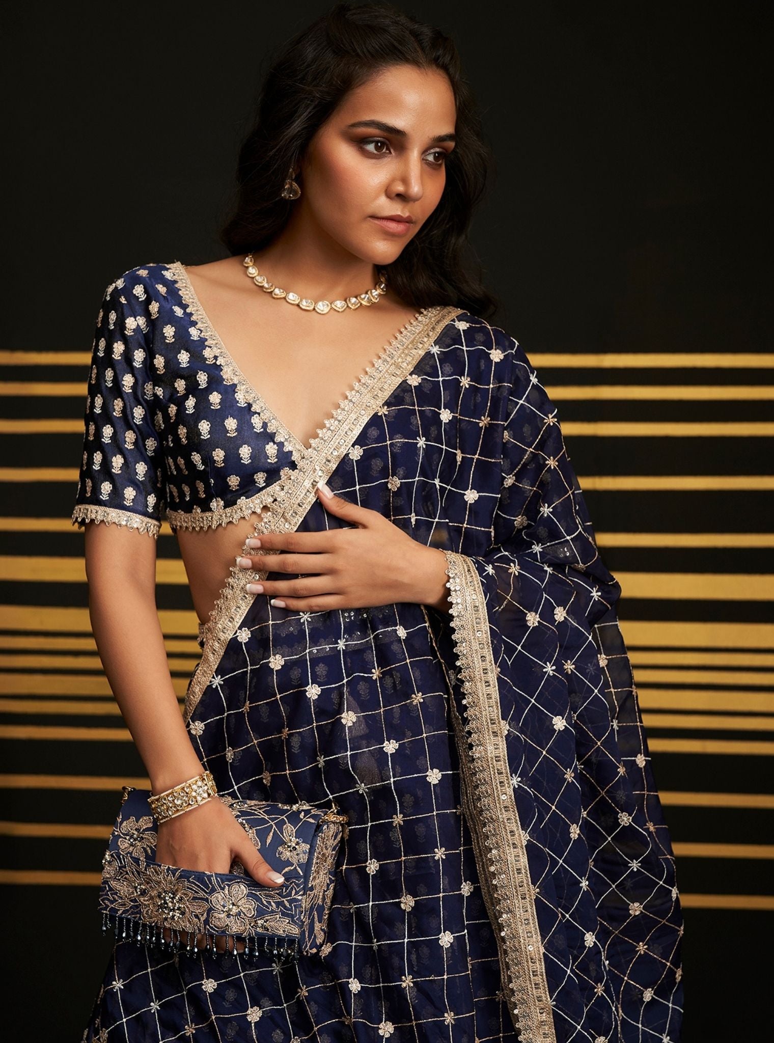 Mulmul Luxe Tissue Heeriye Navy lehenga