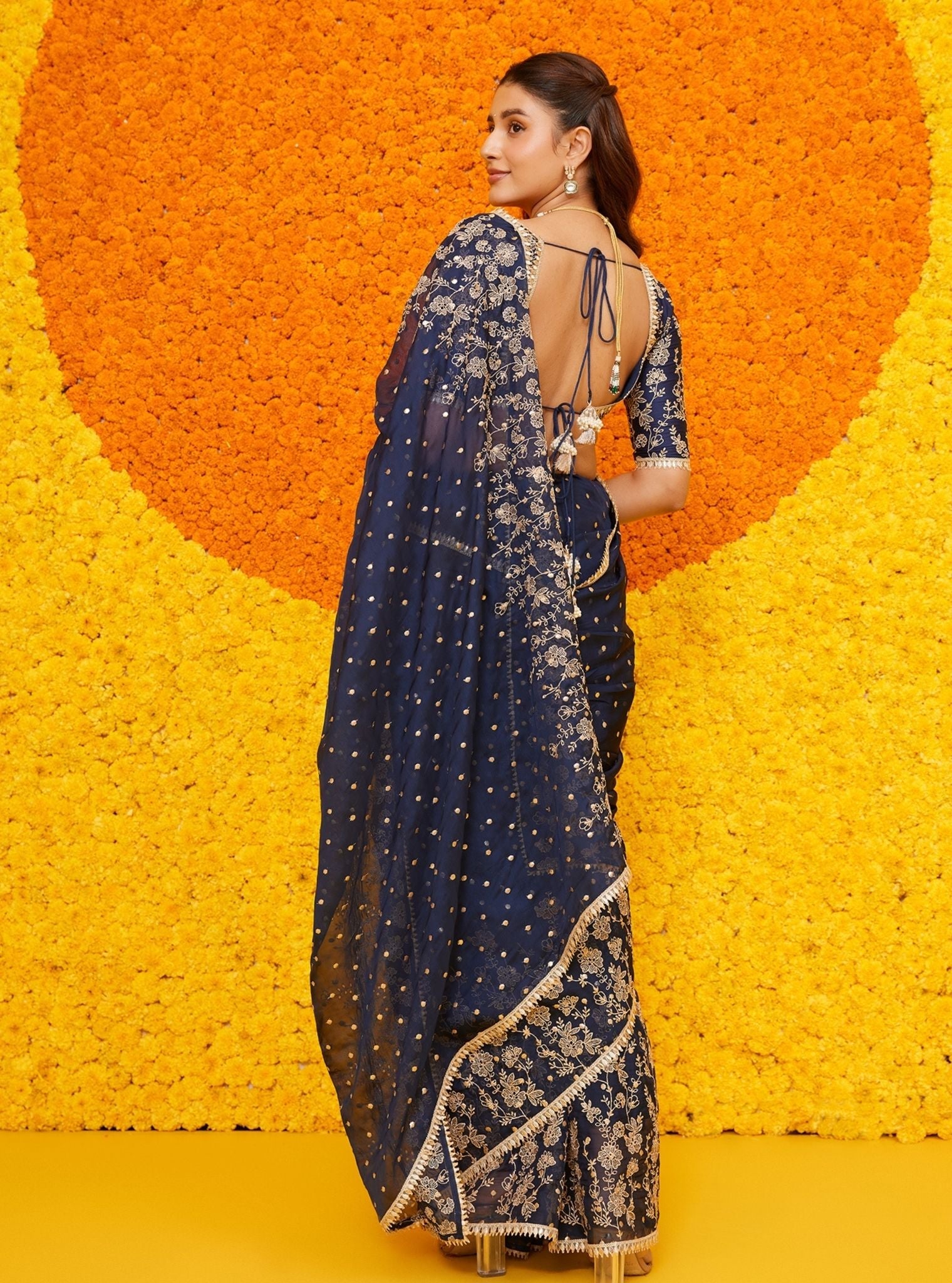 Mulmuil Organza Jigar Navy Saree