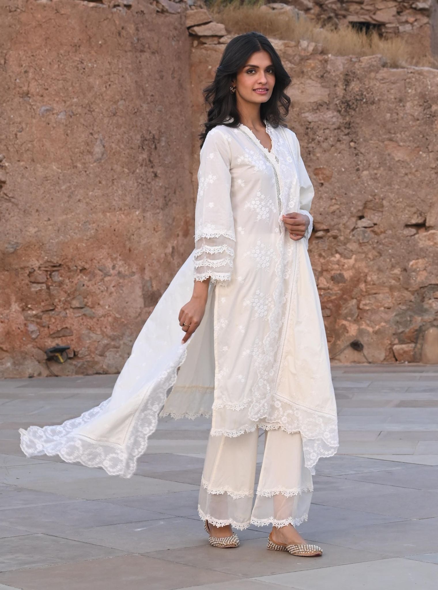 Mulmul Cotton Lola Off White Kurta With Lola Off White Palazzo