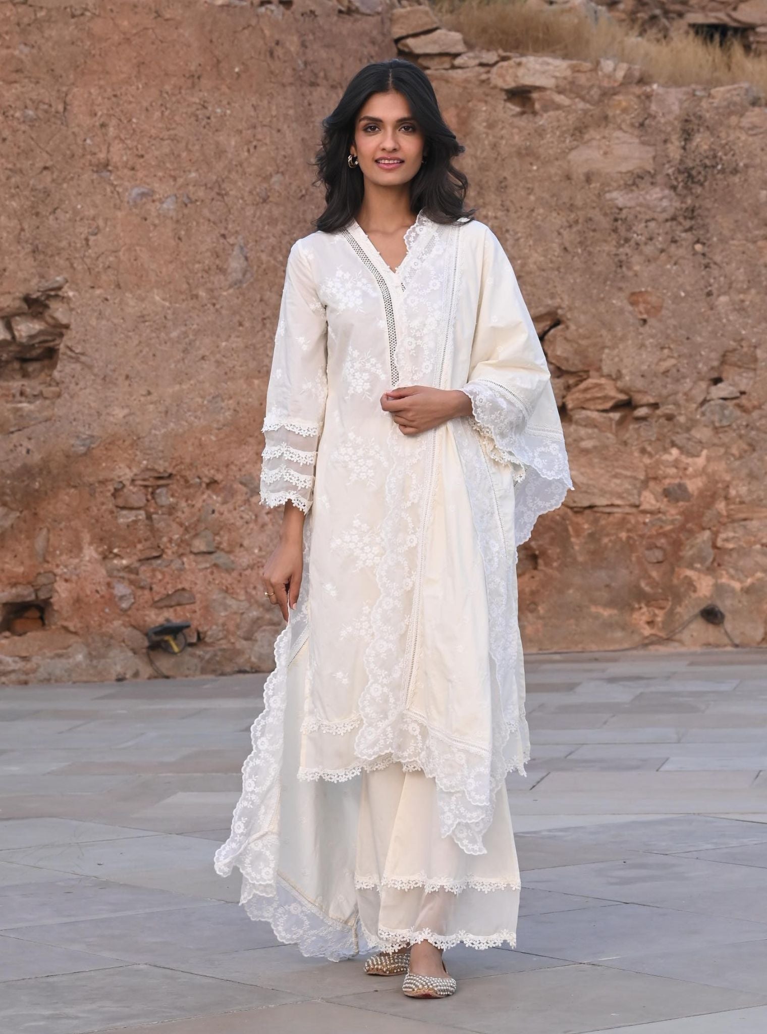 Mulmul Cotton Lola Off White Kurta With Lola Off White Palazzo