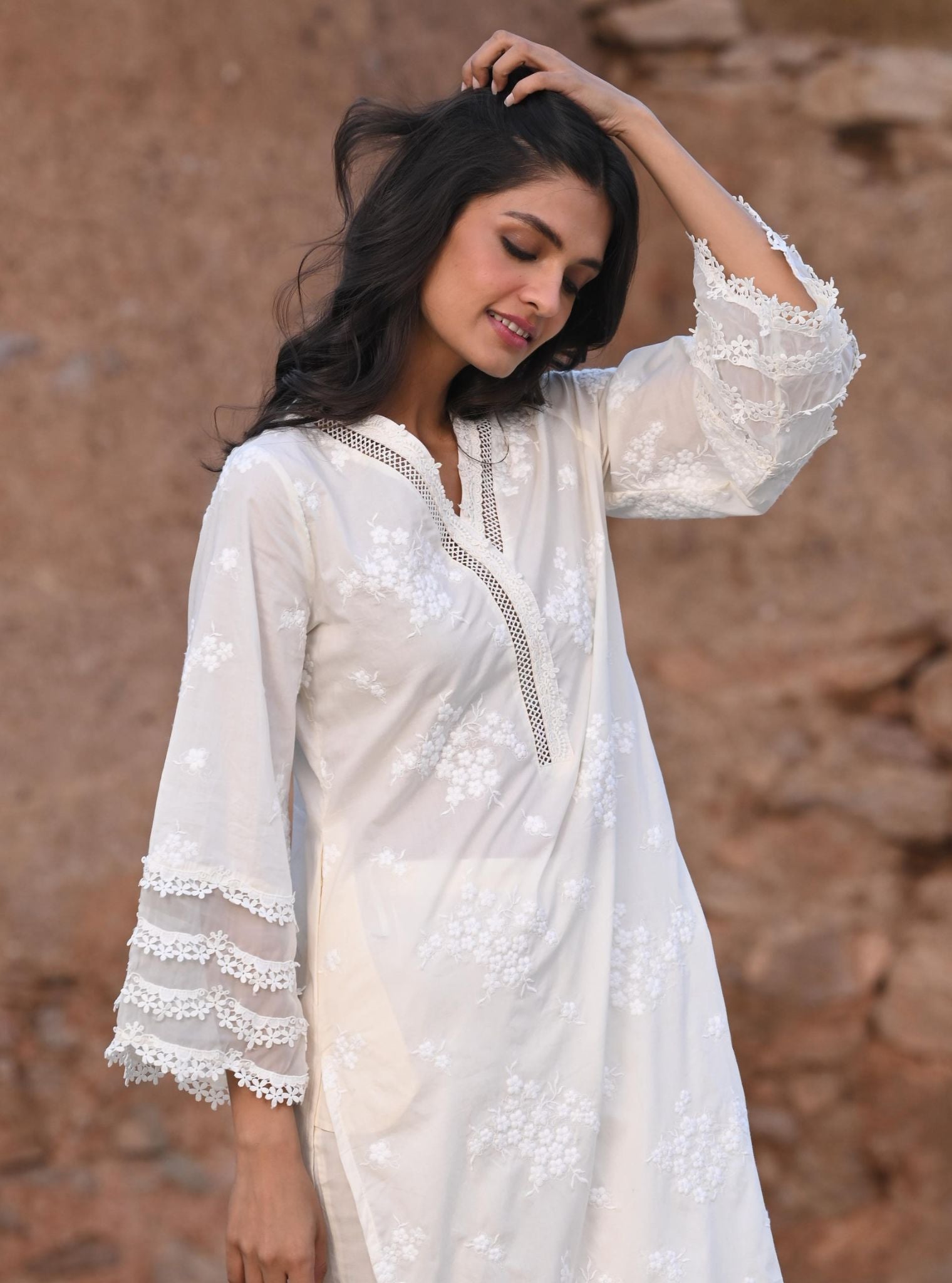 Mulmul Cotton Lola Off White Kurta With Lola Off White Palazzo