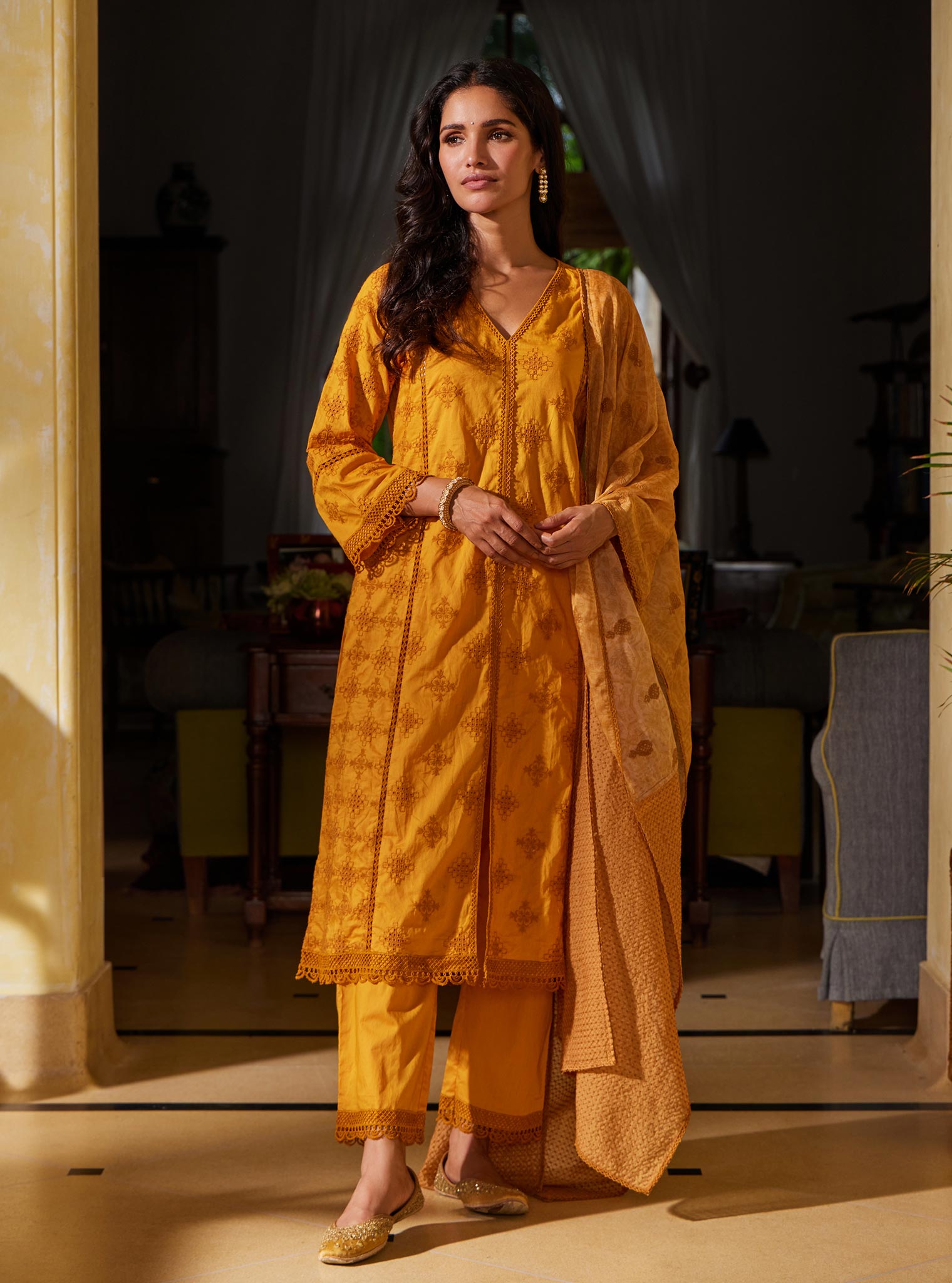 Mulmul Cotton Seher Orange Kurta with Mulmul Cotton Seher Orange Pant