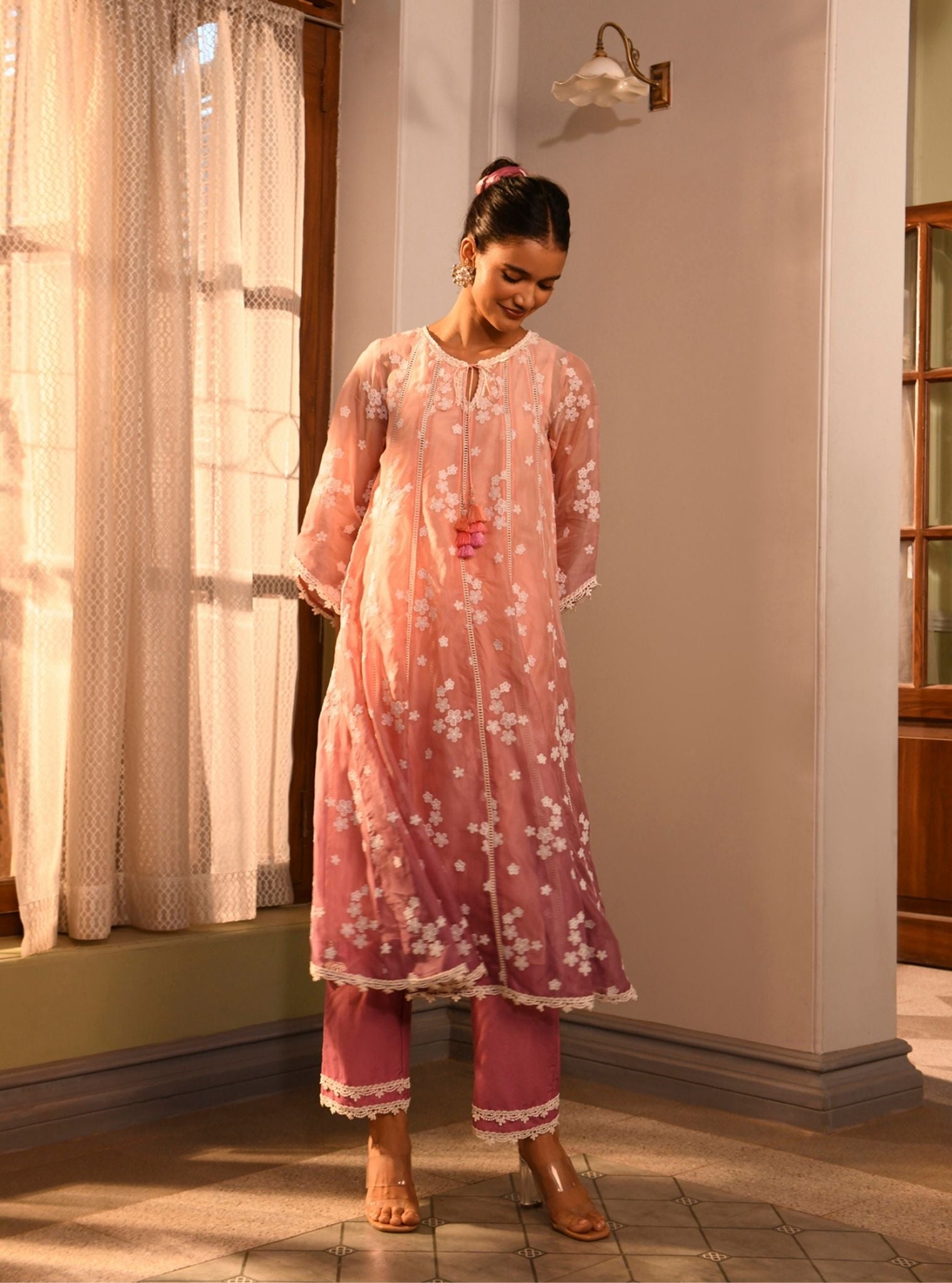 Mulmul Organza Aira Pink Anarkali  Kurta With Mulmul Cotton Aira Pink Pant