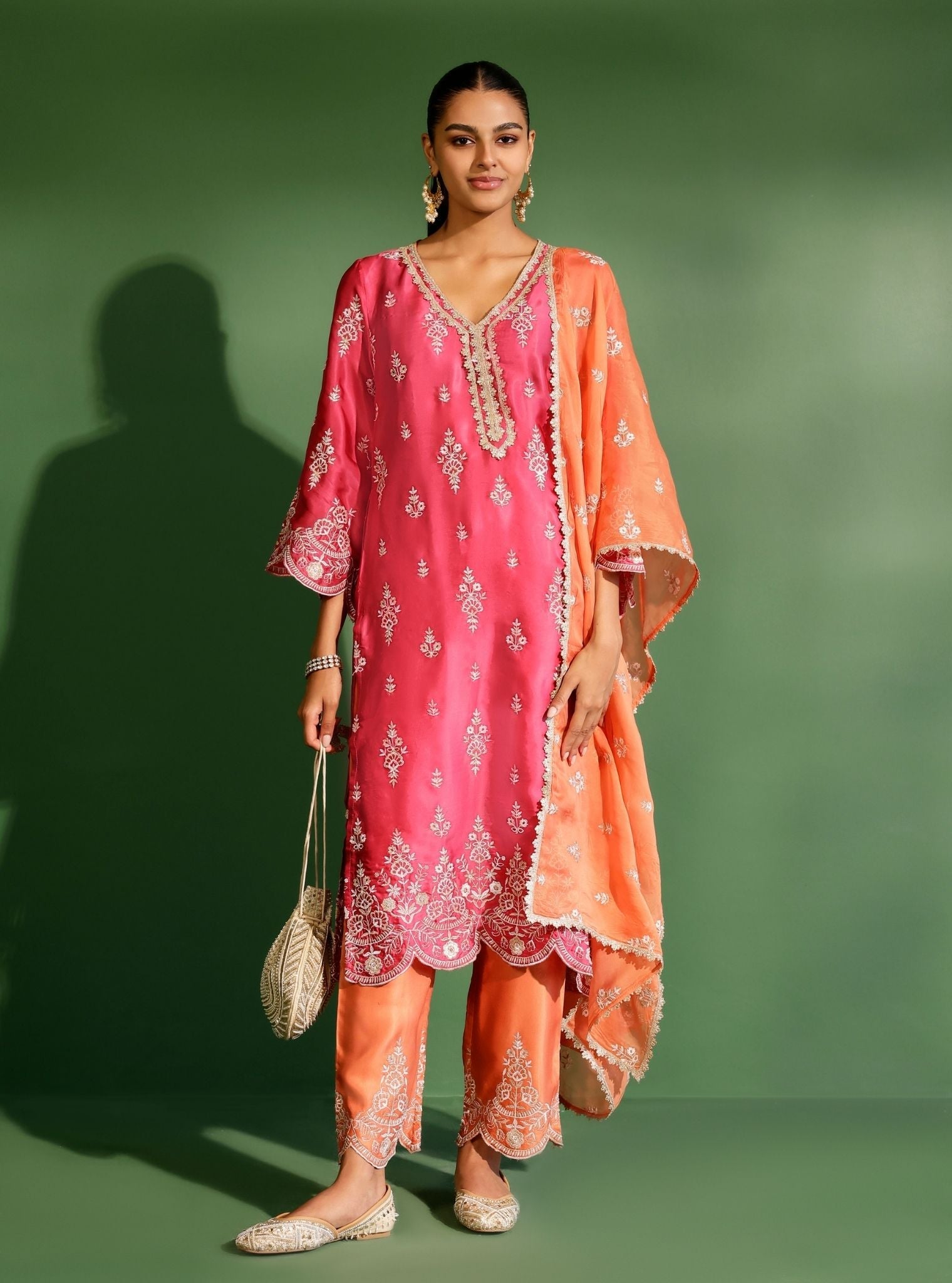 Mulmul Cupro Satin Emon Fuschia Kurta With Mulmul Cupro Satin Emon Burnt Orange Pant