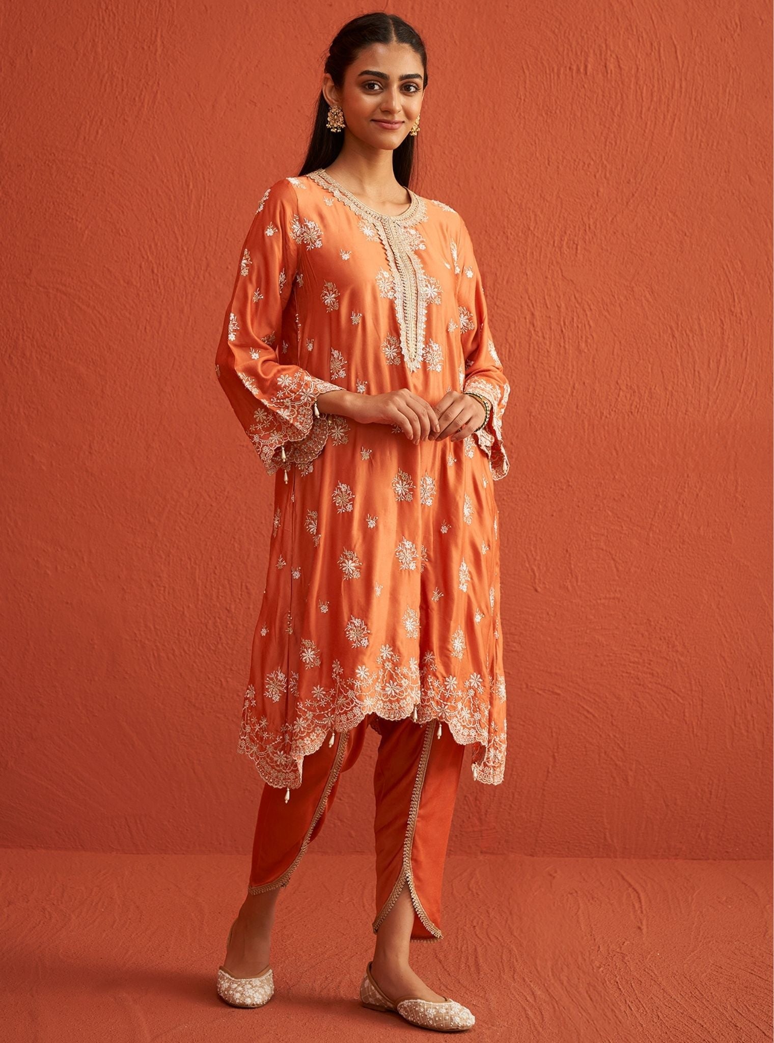 Mulmul Cupro Satin Kangna Burnt Orange Kurta With Mulmul Cupro Satin Kangna Burnt Orange Pant