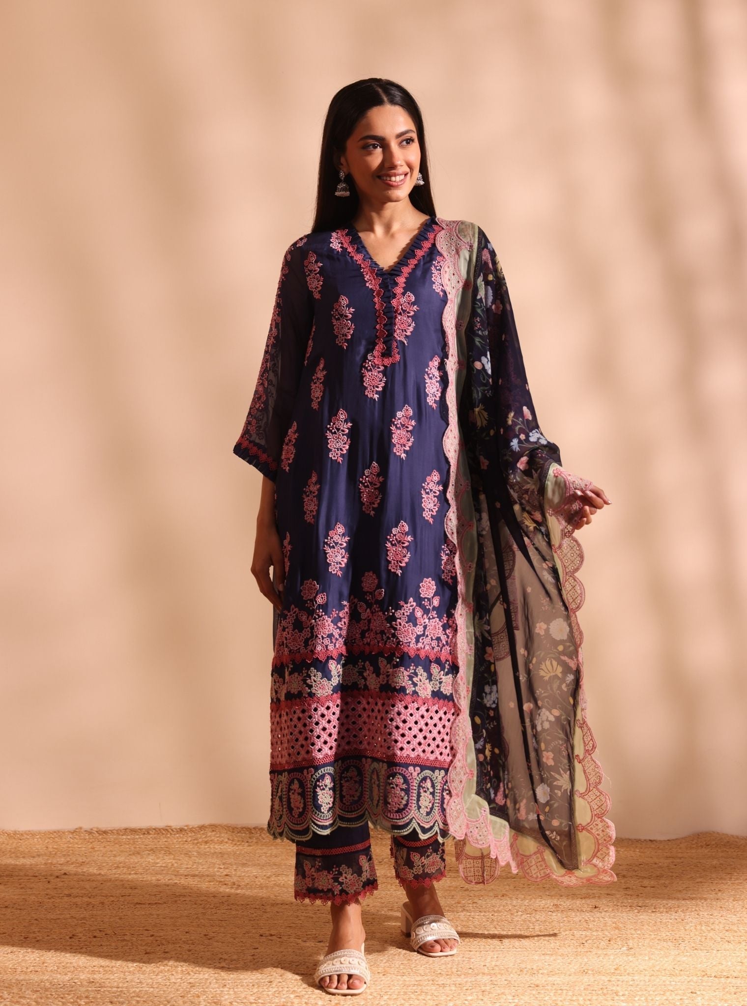 Mulmul Organza Valara Navy Kurta With Mulmul Cotton Valara Navy Pant