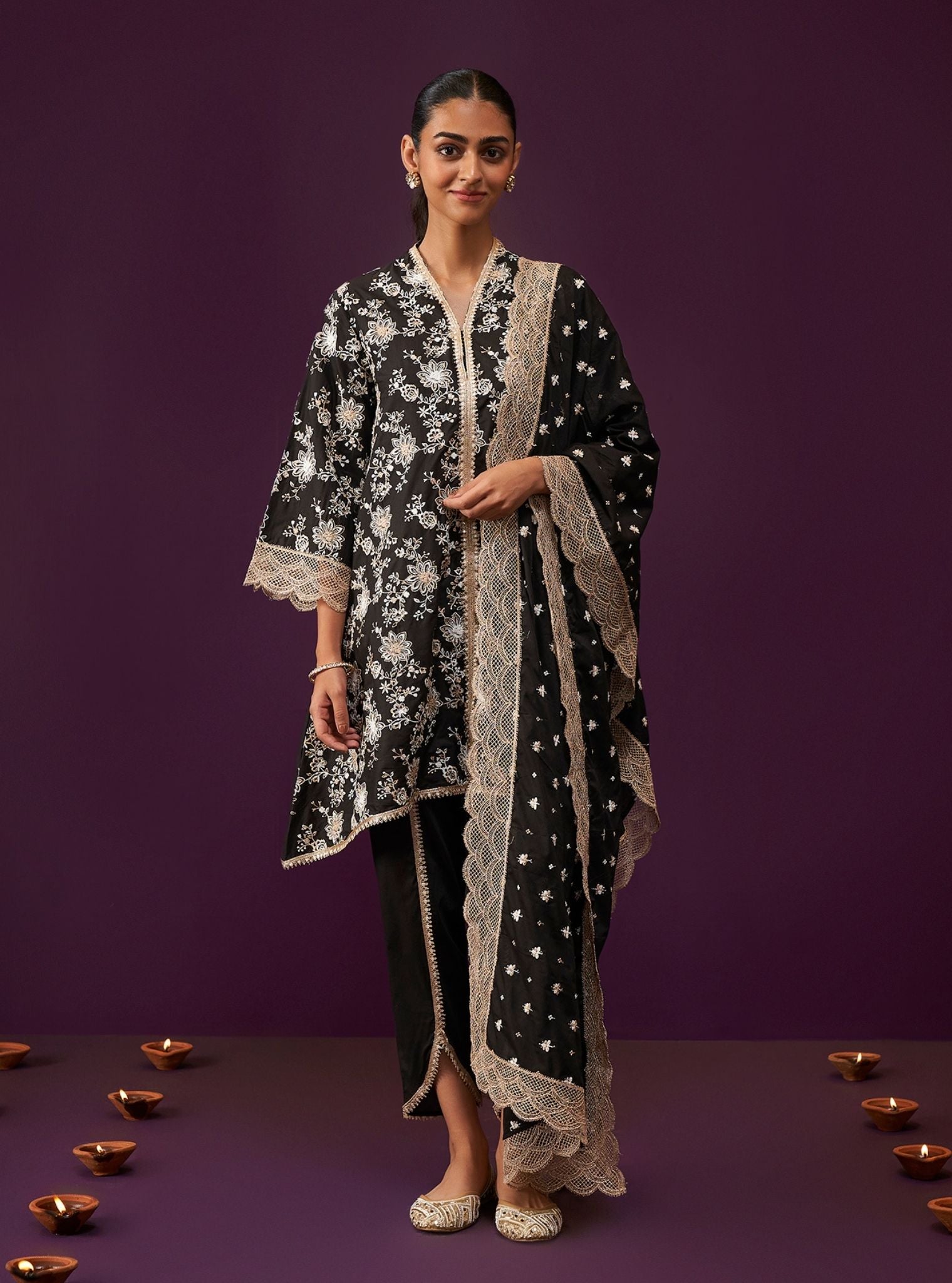 Mulmul Cotton Komen Black Kurta With Mulmul Cotton Komen Black Dhoti Pant