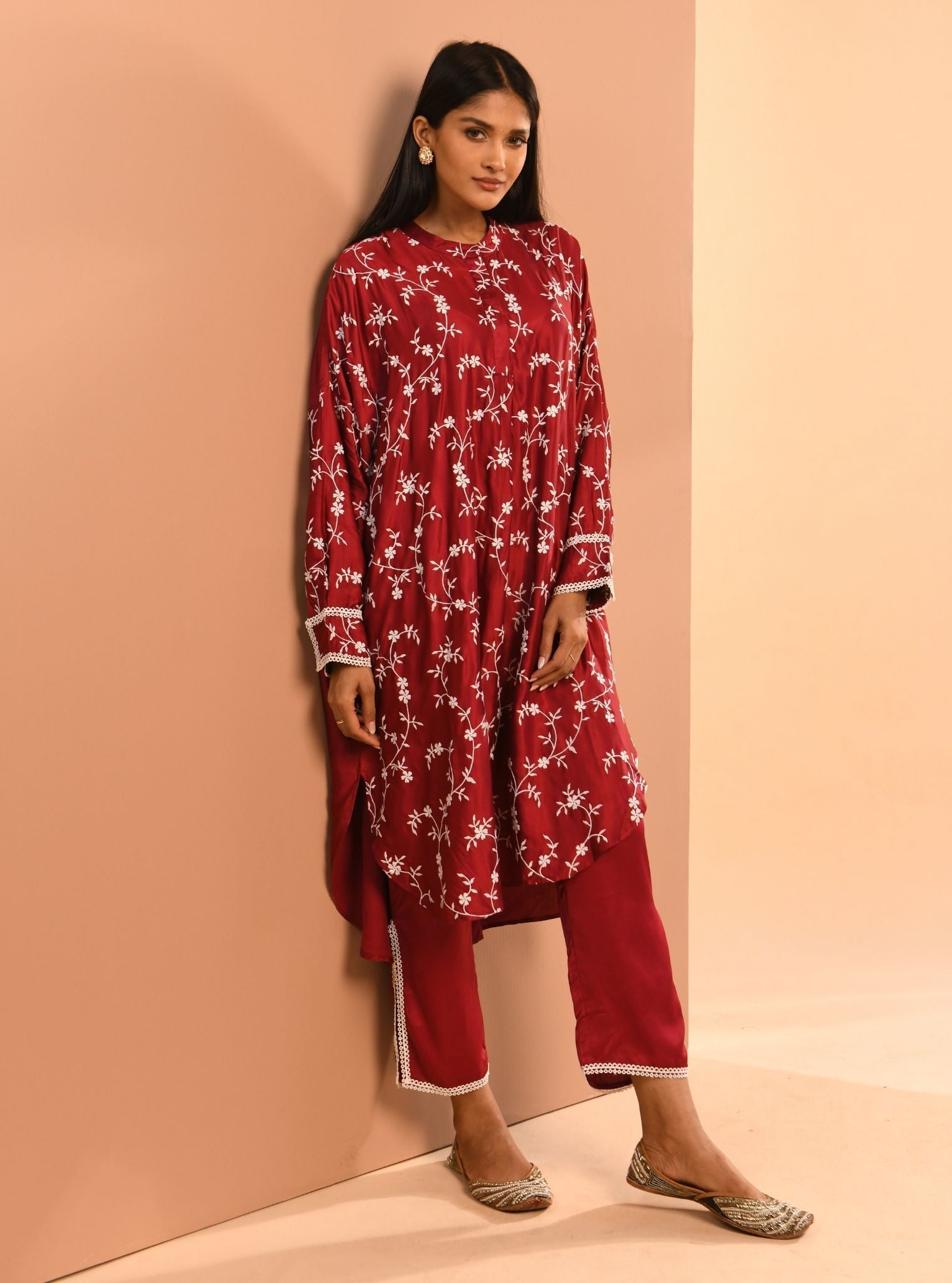 Mulmul Cupro Pheme Wine Kurta With Mulmul Cupro Pheme Wine Pant