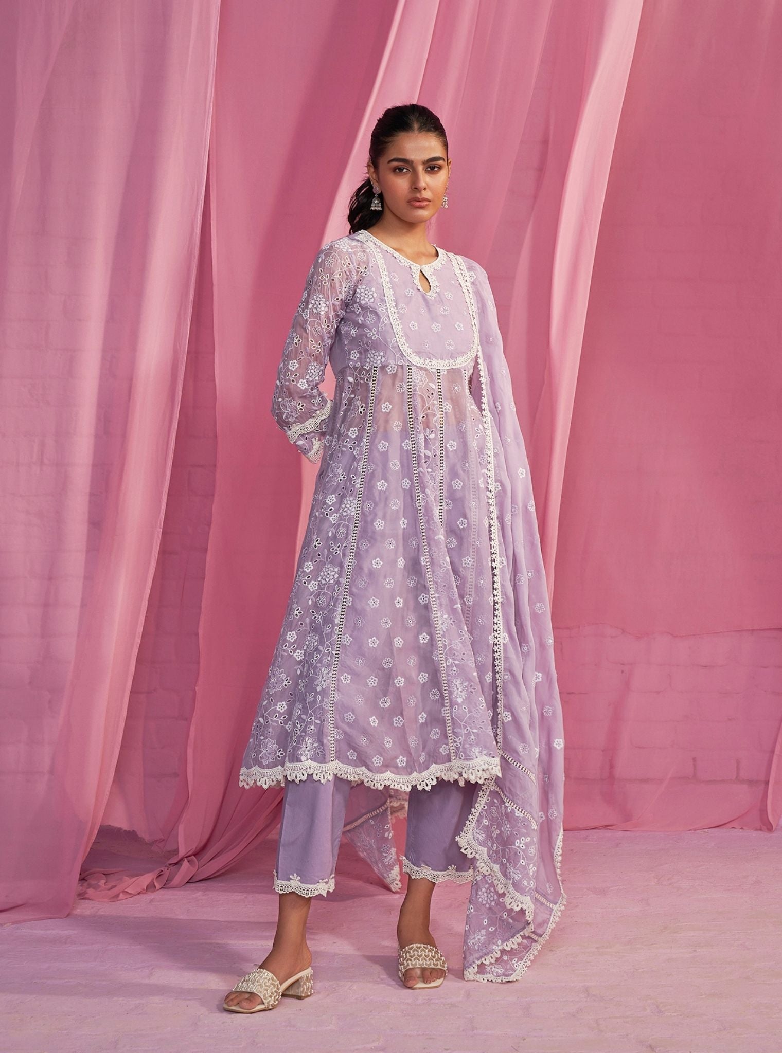 Mulmul Organza Britney Lavender Anarkali Kurta With Mulmul Cotton Britney Lavender Pant