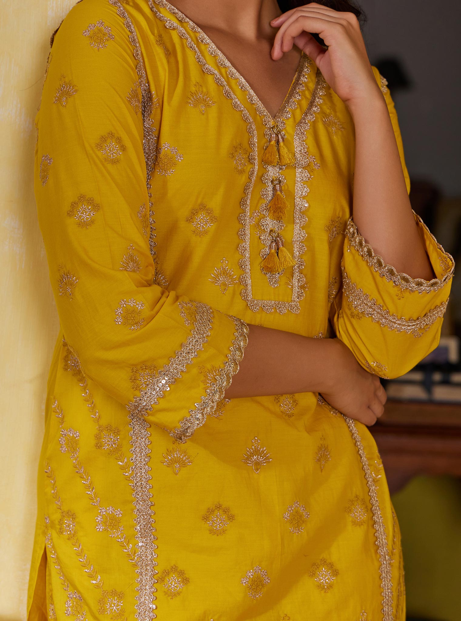 Mulmul Cotton Titli Yellow Kurta with Mulmul Cotton Titli Yellow Pant