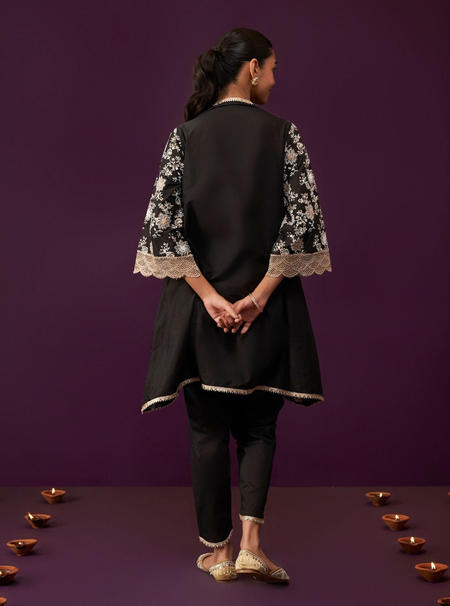 Mulmul Cotton Komen Black Kurta With Mulmul Cotton Komen Black Dhoti Pant