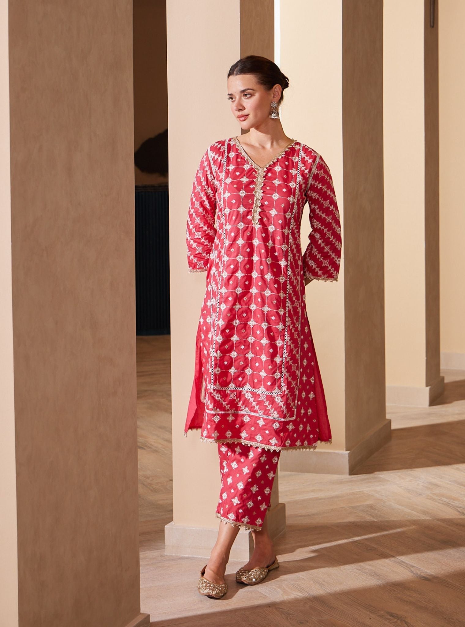 Mulmul Cotton Pelican Red Kurta With Pelican Red Pyajama