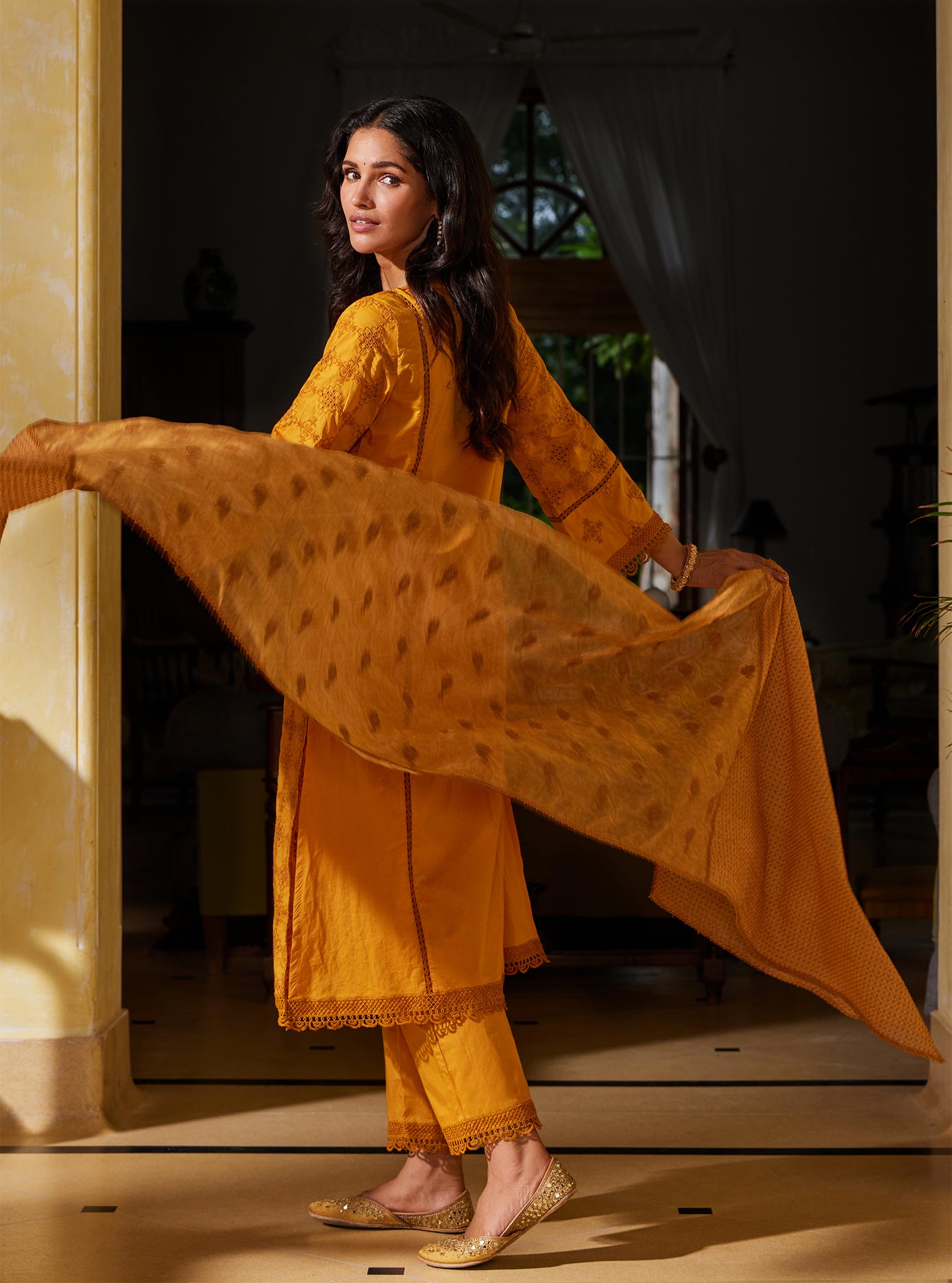 Mulmul Cotton Seher Orange Kurta with Mulmul Cotton Seher Orange Pant