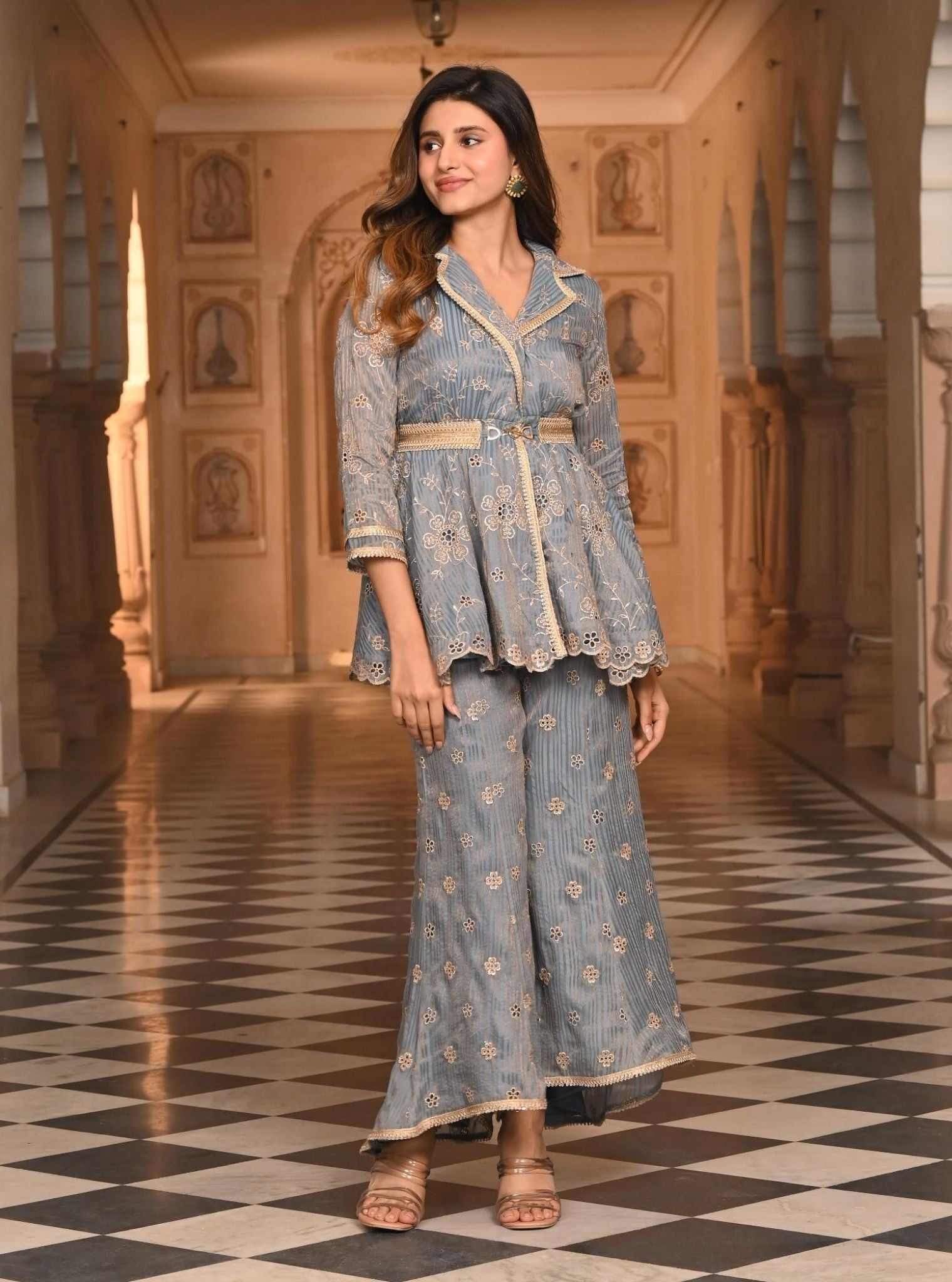 Mulmul Banarsi Chashni Blue Top with Mulmul Banarsi Chashni Blue Pant