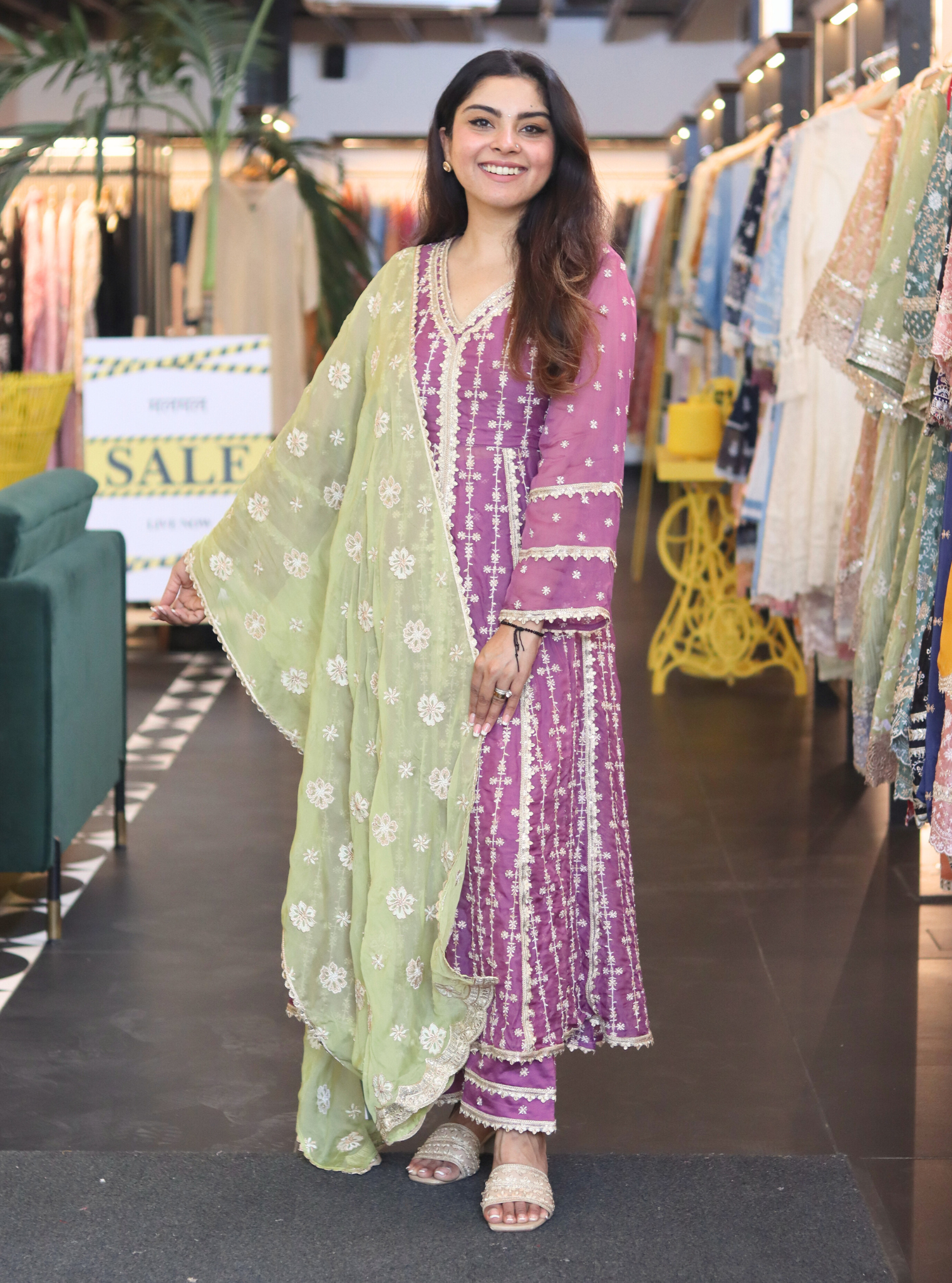 Mulmul Organza Simhi Anarkali Lilac Kurta with Mulmul Pima Simhi Lilac Pant