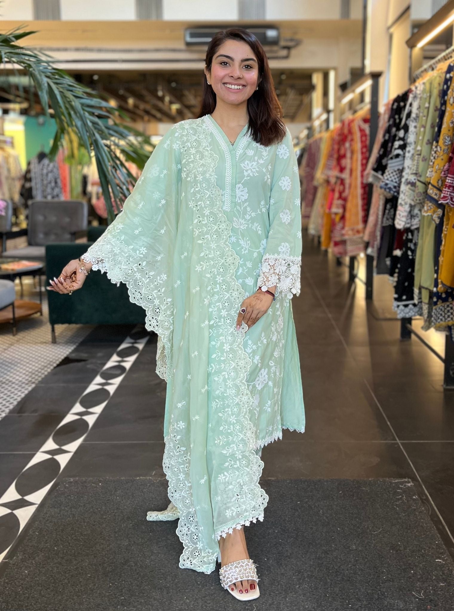 Mulmul Cotton Roli Green Kurta With Mulmul Cotton Roli Green Pant