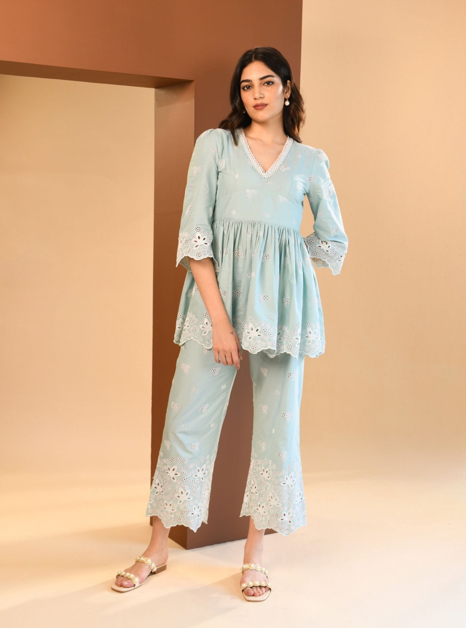 Mulmul Cotton Ayn Teal Blue Top With Mulmul Cotton Ayn Teal Blue Pant