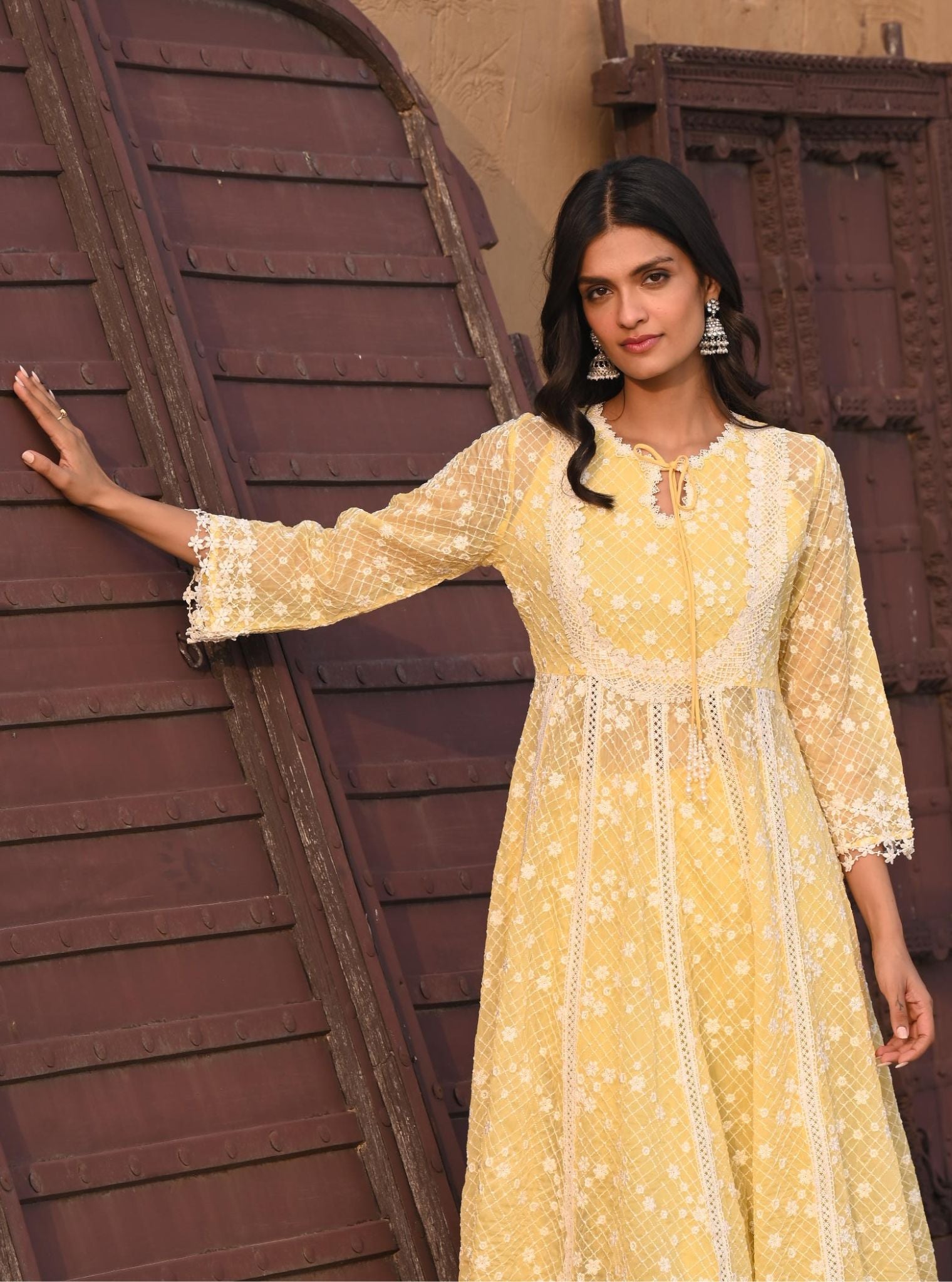 Mulmul Organza Zola Yellow Anarkali Kurta With Mulmul Cotton Zola Yellow Pant