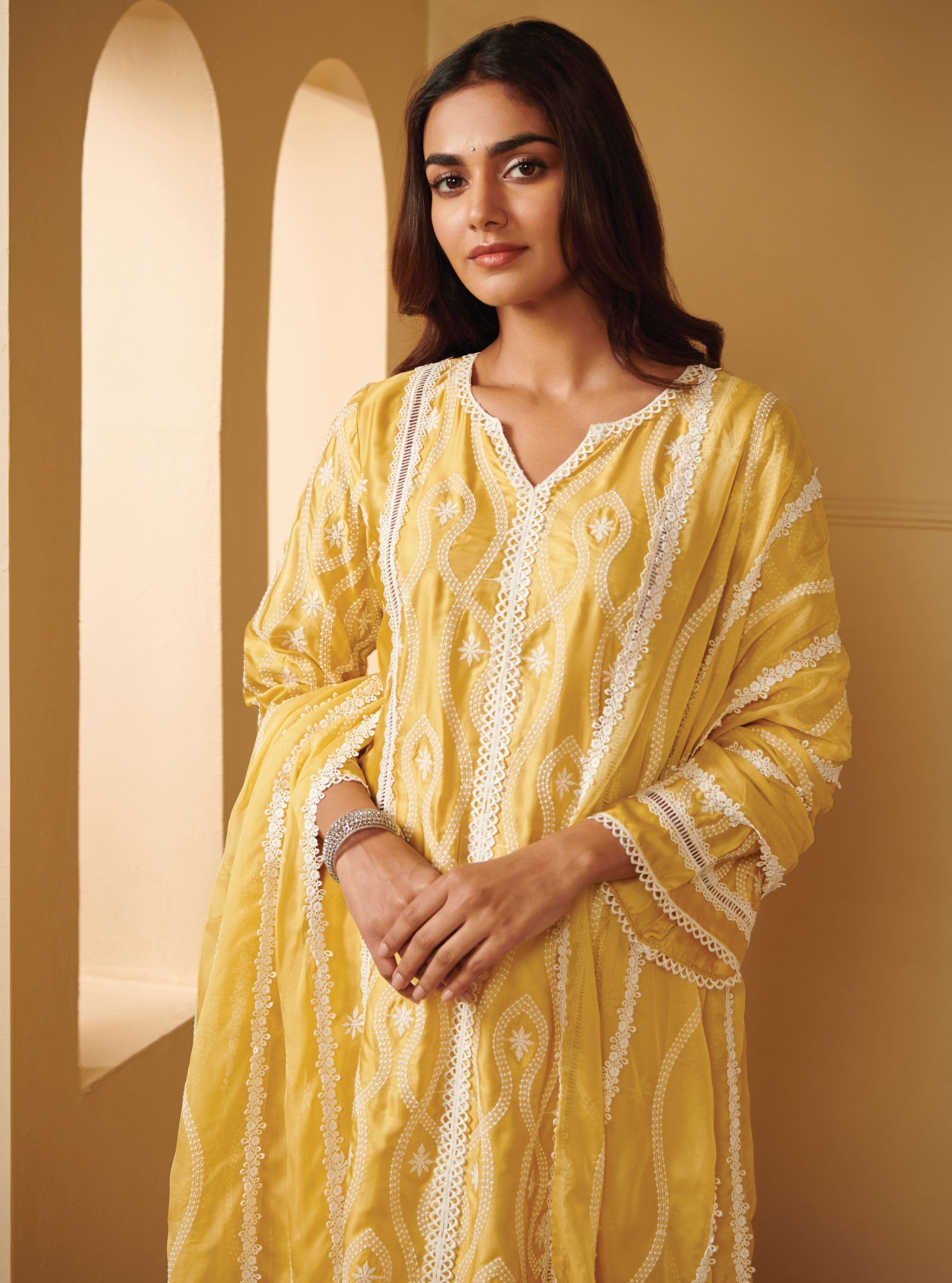 Mulmul Cupro Silk Semya Yellow Kurta With Semya Yellow Dhoti Pant