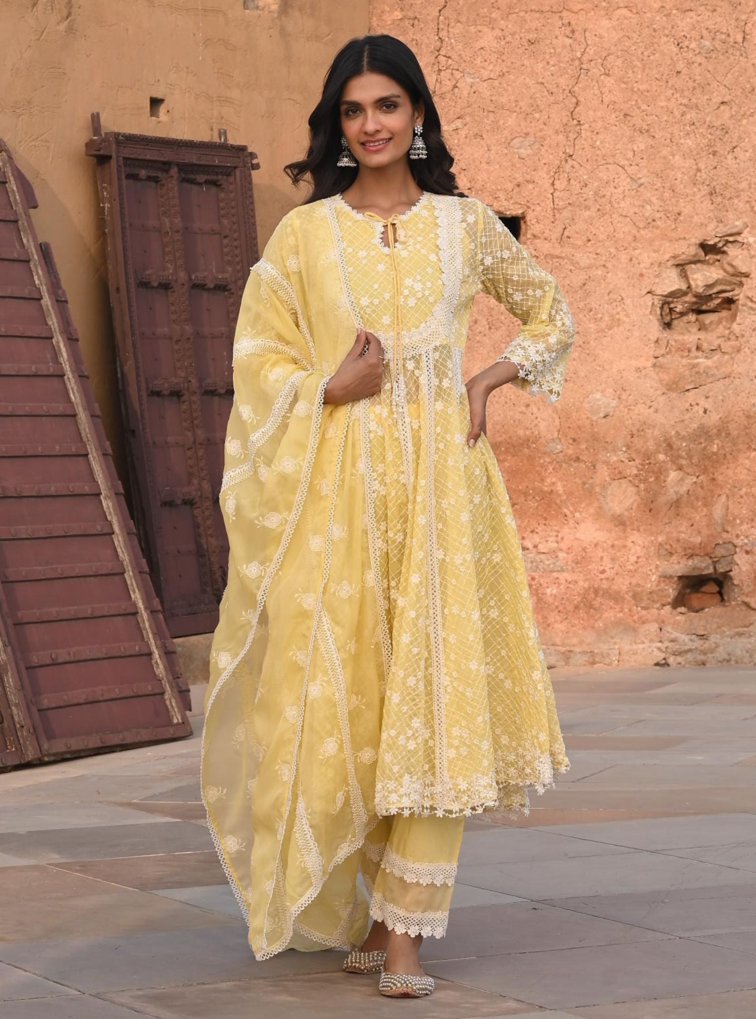 Mulmul Organza Zola Yellow Anarkali Kurta With Mulmul Cotton Zola Yellow Pant