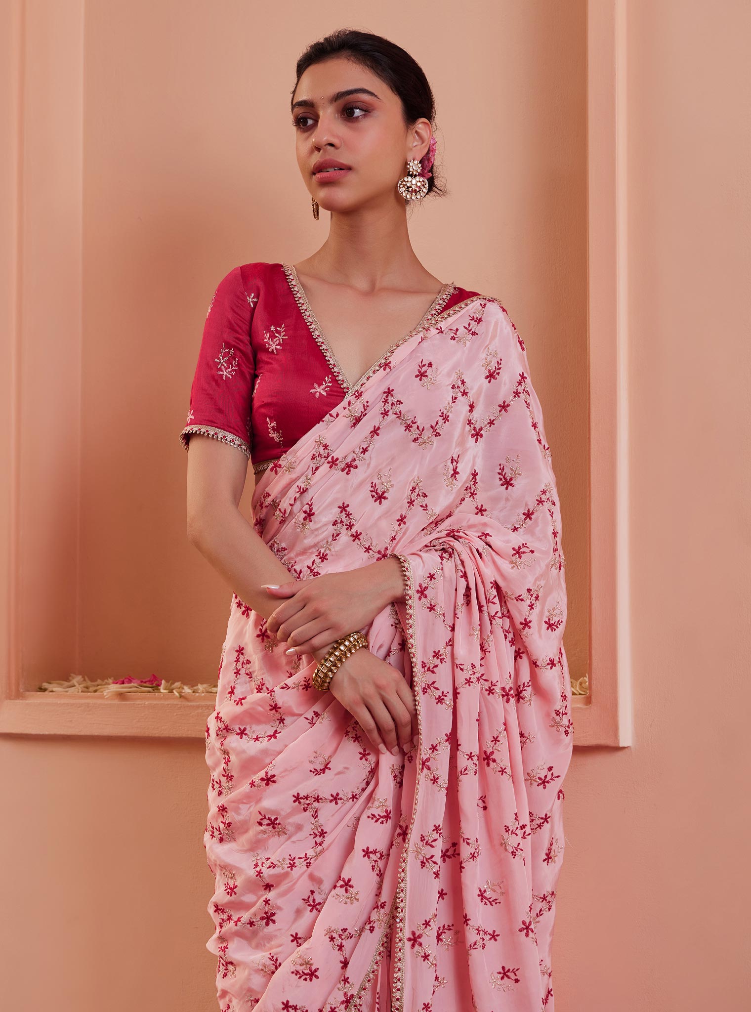 Mulmul Crepe Tavisi Pink Pre-Stitched Saree