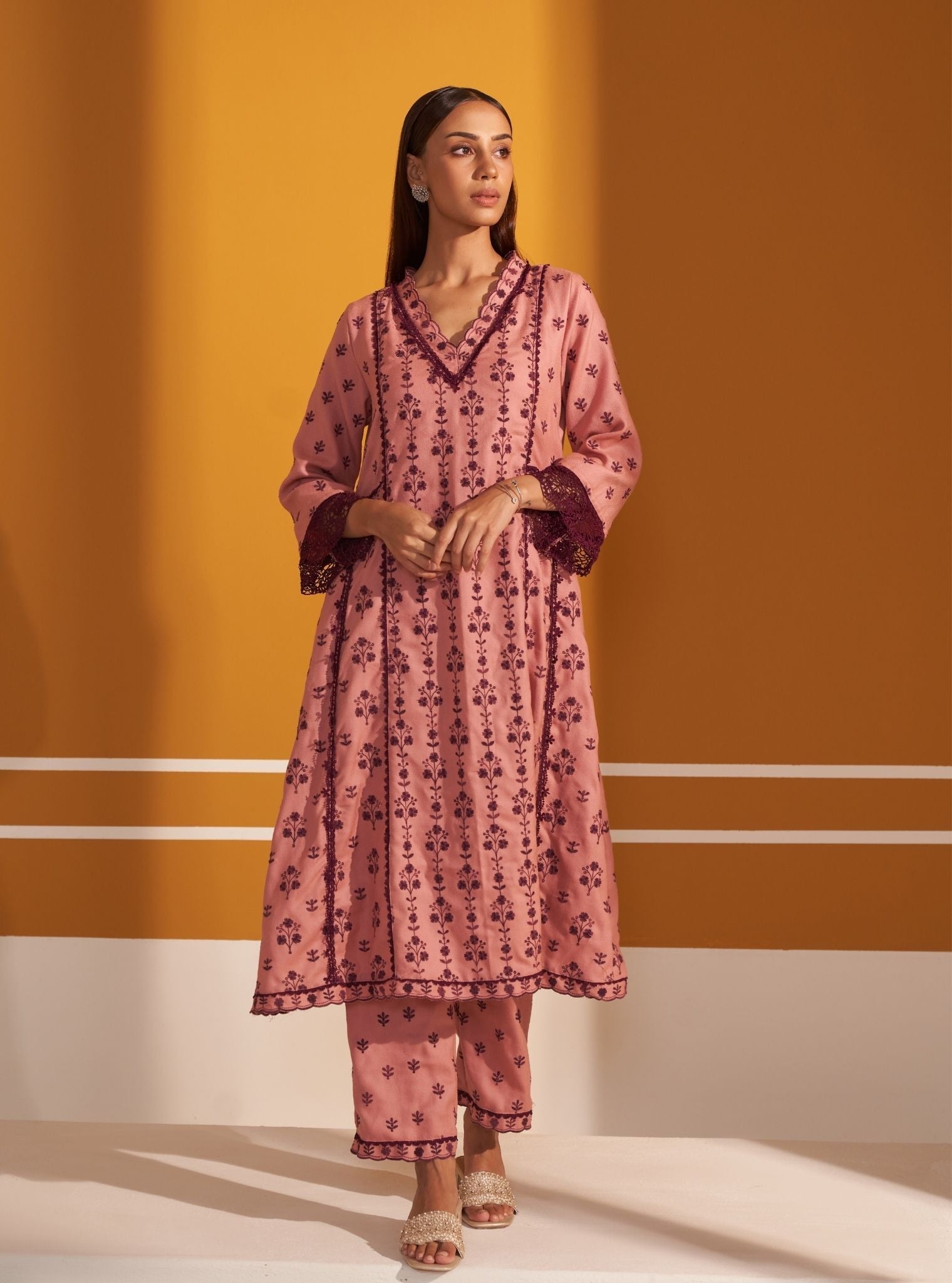 Mulmul Wool Selby Pink Kurta With Mulmul Wool Selby Pink Pant