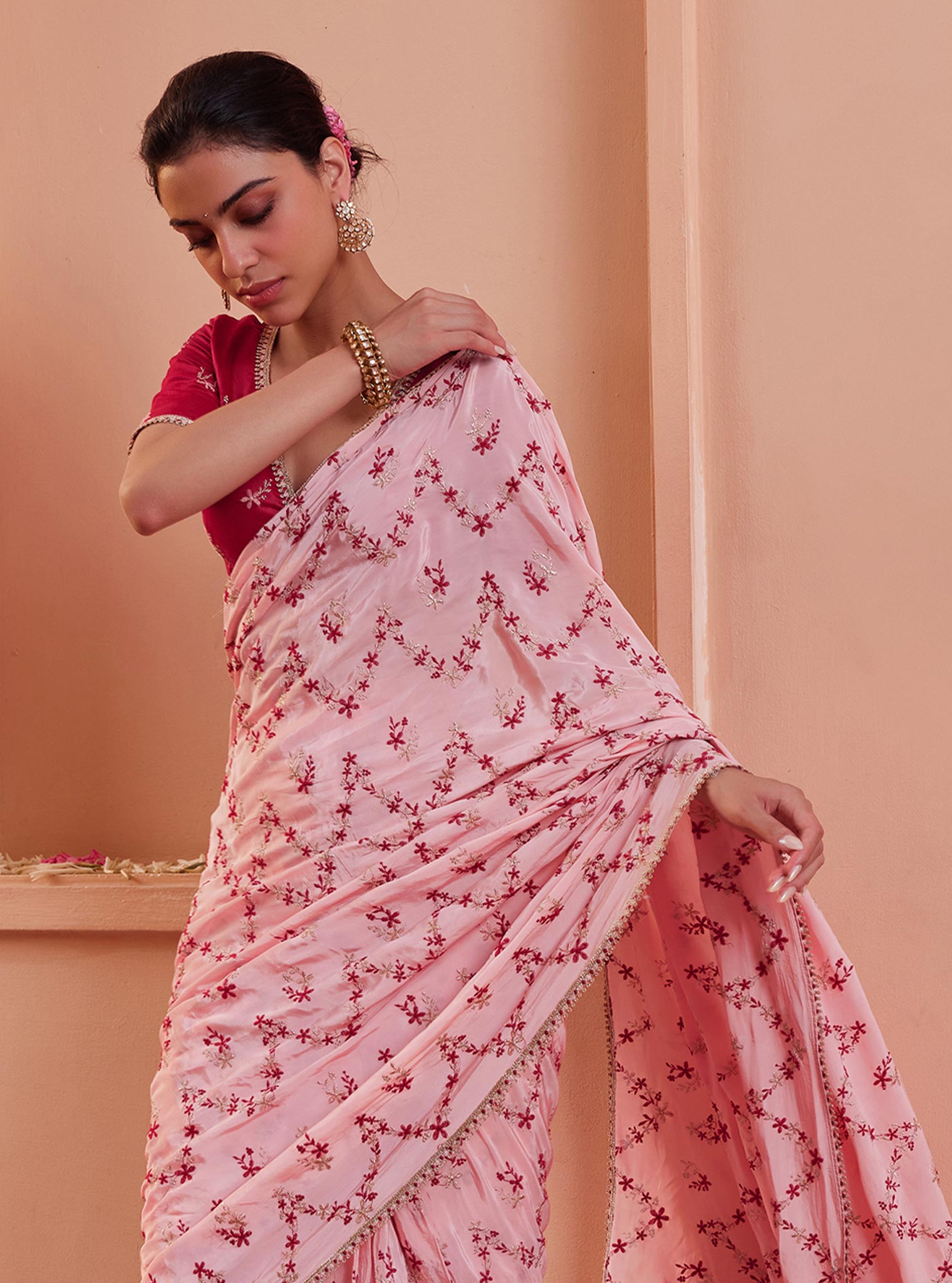 Mulmul Crepe Tavisi Pink Pre-Stitched Saree