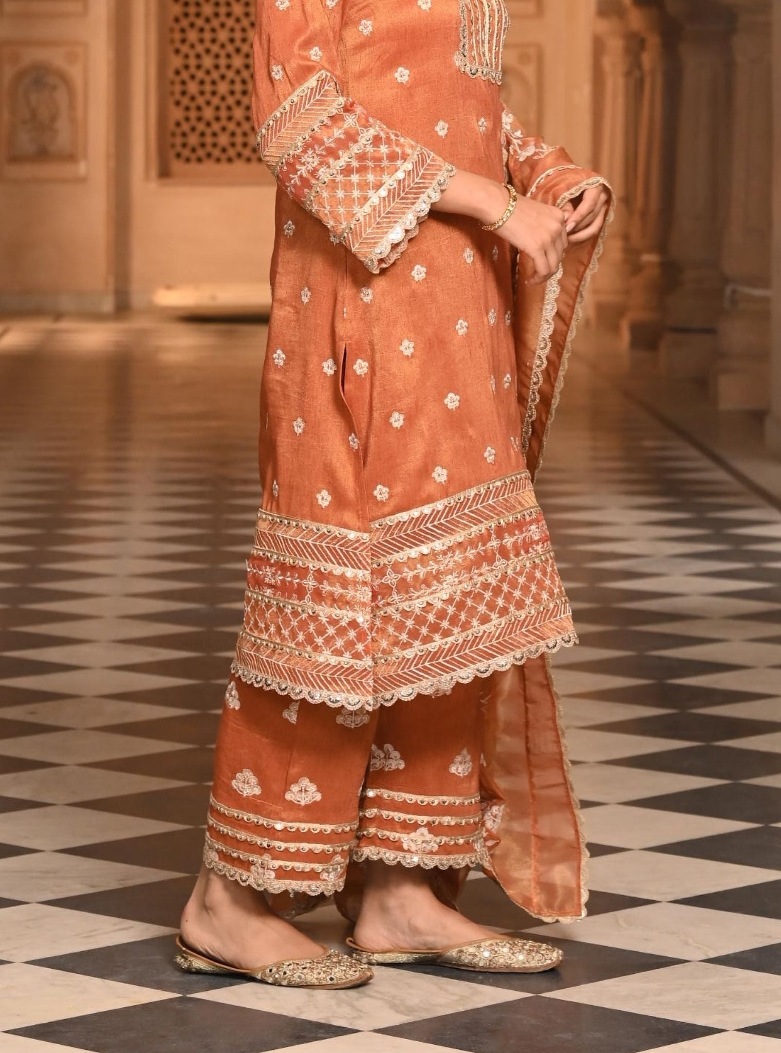 Mulmul Luxe Tissue Satin Sajni Burnt Orange Kurta with Mulmul Luxe Tissue Satin Sajni Burnt Orange Pant