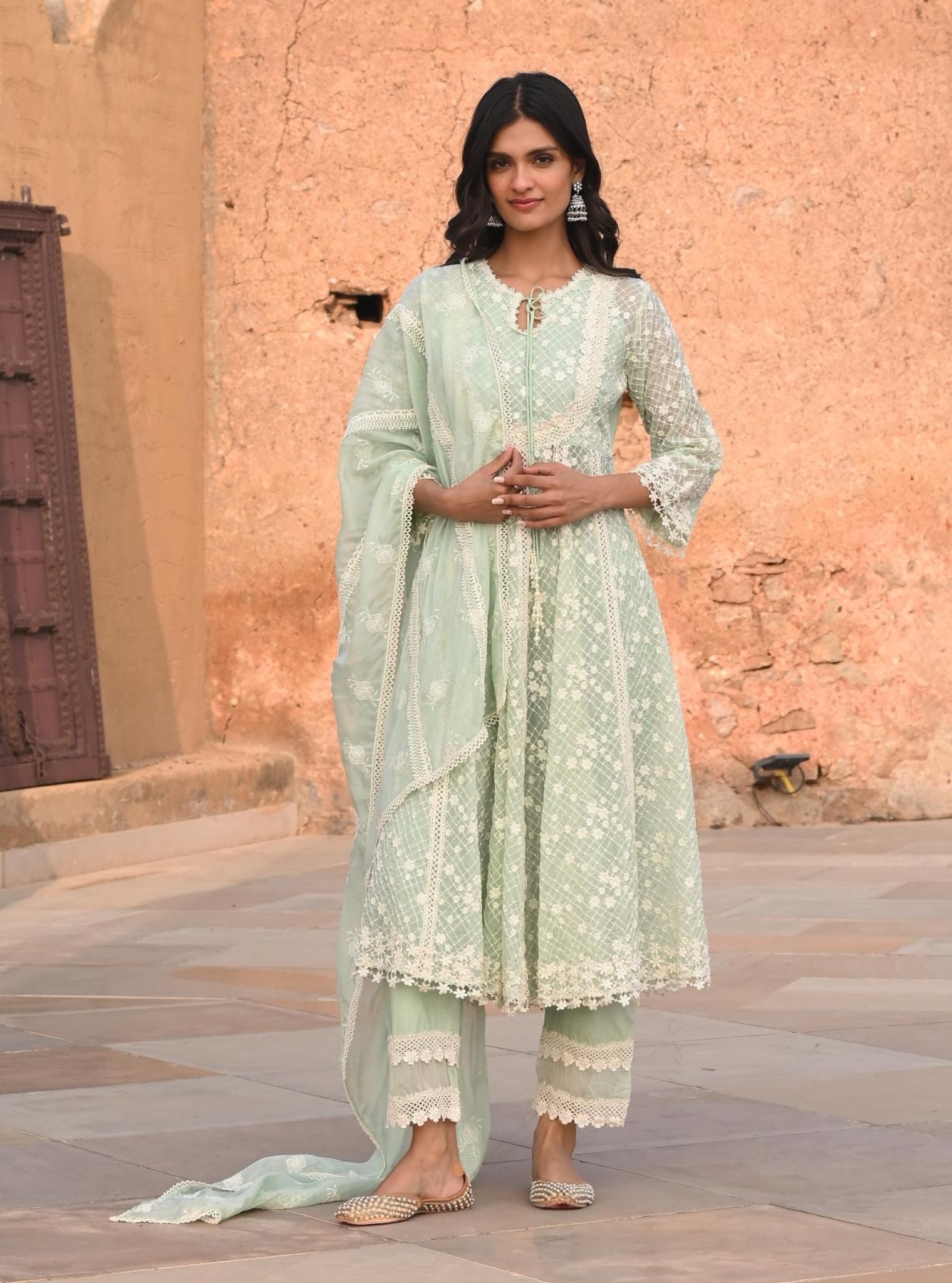 Mulmul Organza Zola Green Anarkali Kurta With Mulmul Cotton Zola Green Pant