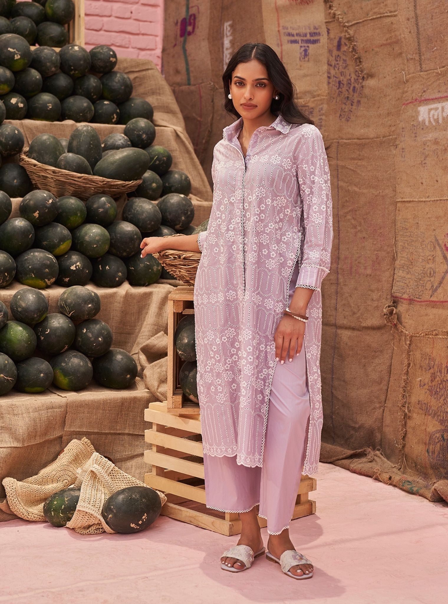 Mulmul Cotton Heli Lilac Long Kurta With Mulmul Cotton Heli Lilac Pant