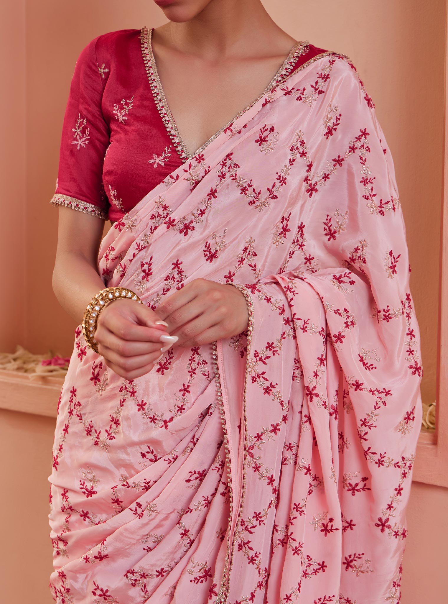 Mulmul Crepe Tavisi Pink Pre-Stitched?ÿSaree