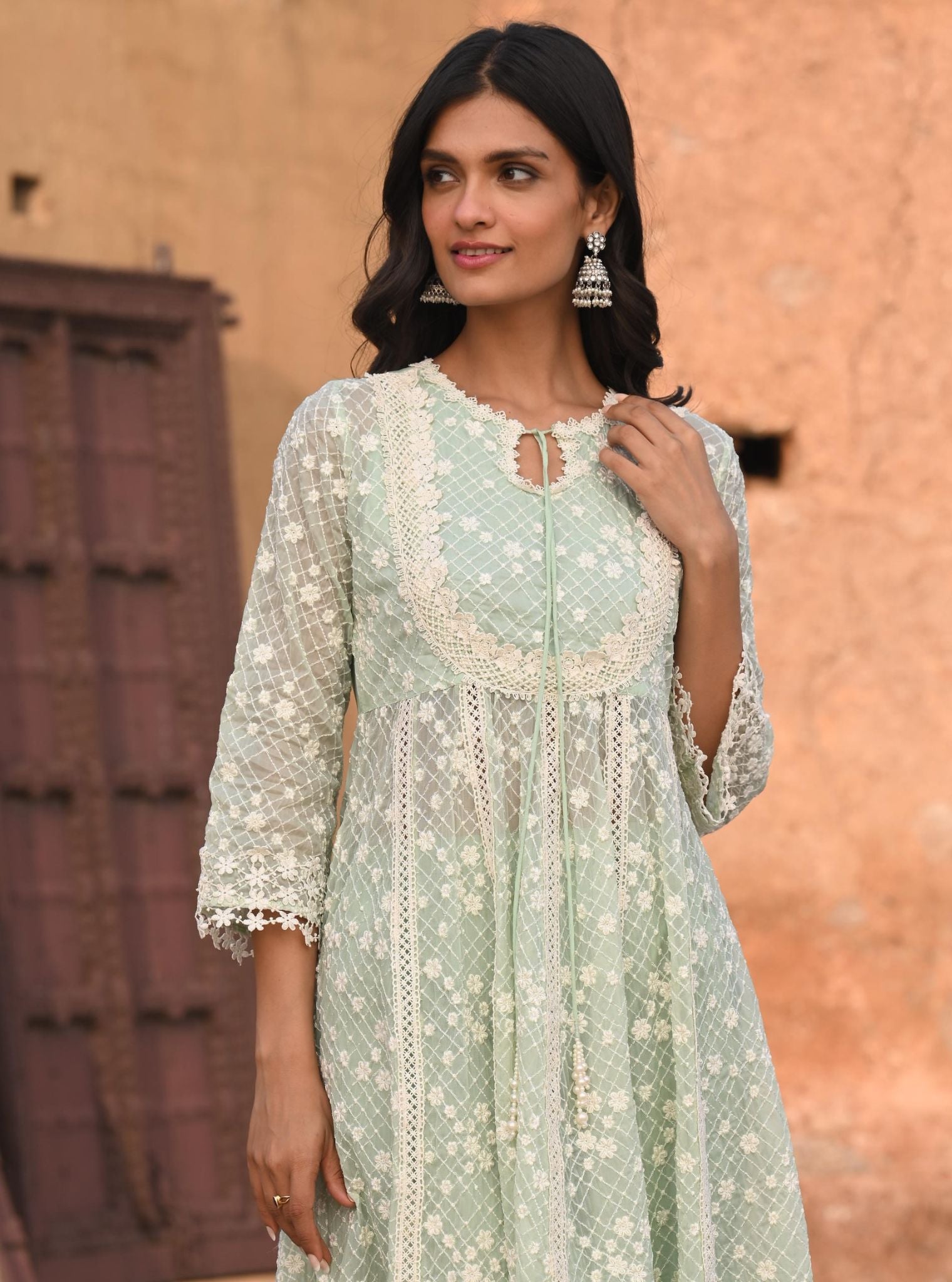 Mulmul Organza Zola Green Anarkali Kurta With Mulmul Cotton Zola Green Pant