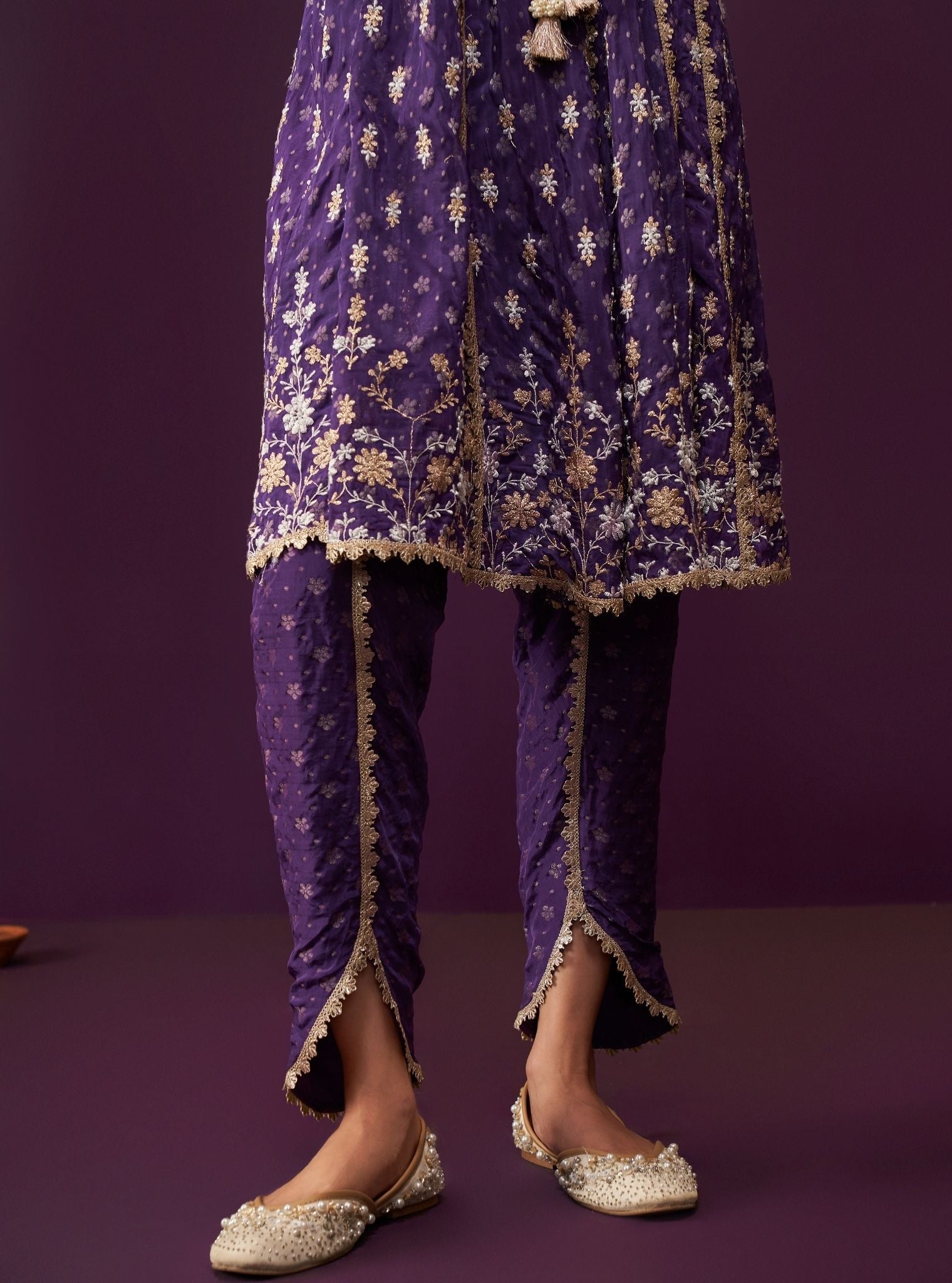 Mulmul Banarsi Nyah Purple Short Anarkali Kurta With Mulmul Banarsi Nyah Purple Dhoti Pant