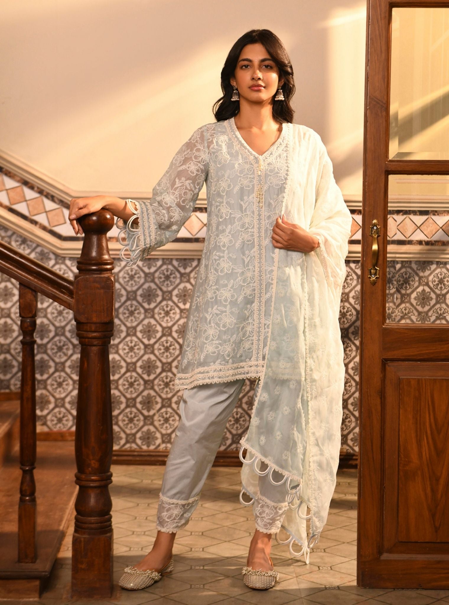 Mulmul Organza Alma Light Blue Kurta With Mulmul Cotton Alma Light Blue Pant