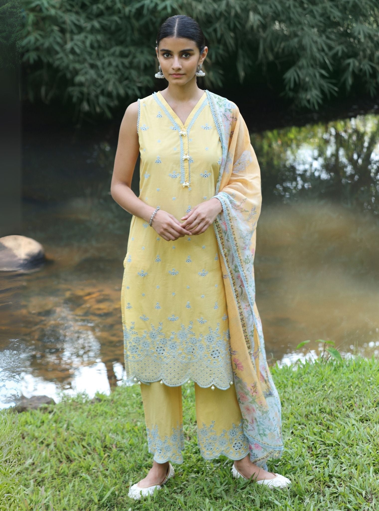 Mulmul Cotton Kora Yellow Kurta With Mulmul Cotton Kora Yellow Pant