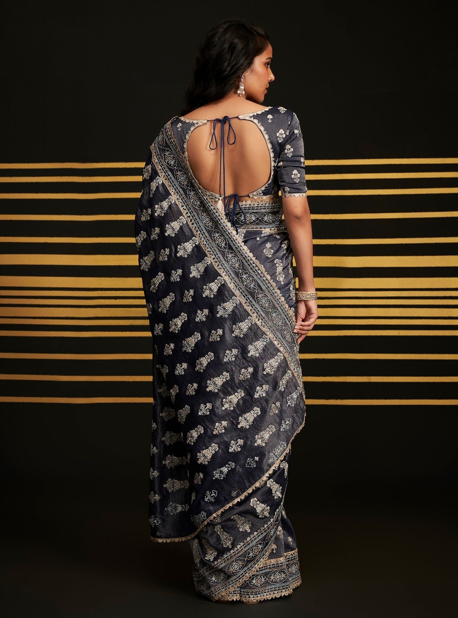 Mulmul Royal Tissue Rangrez Navy Saree