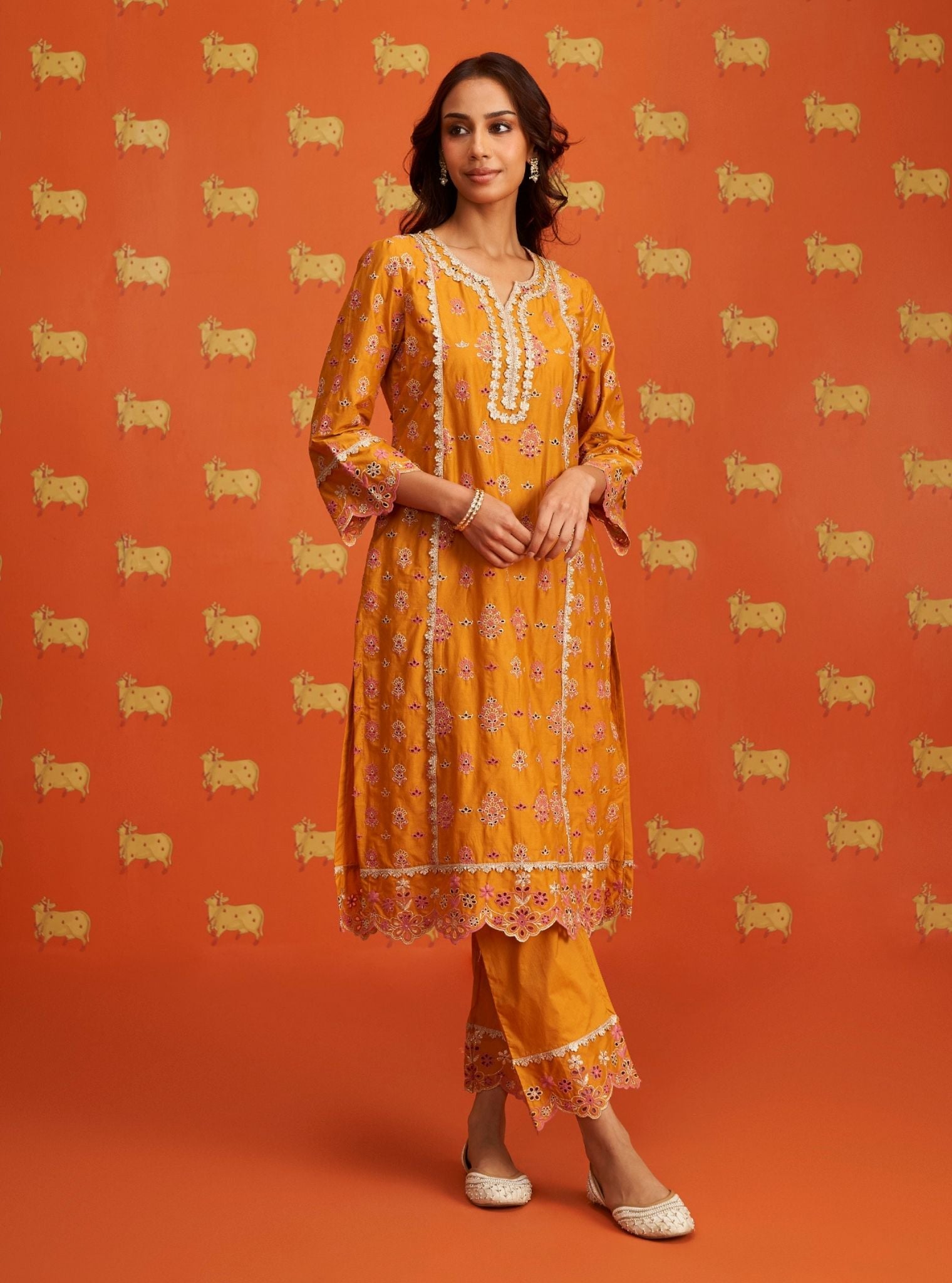 Mulmul Cotton Lamai Orange Kurta With Mulmul Cotton Lamai Orange Pant