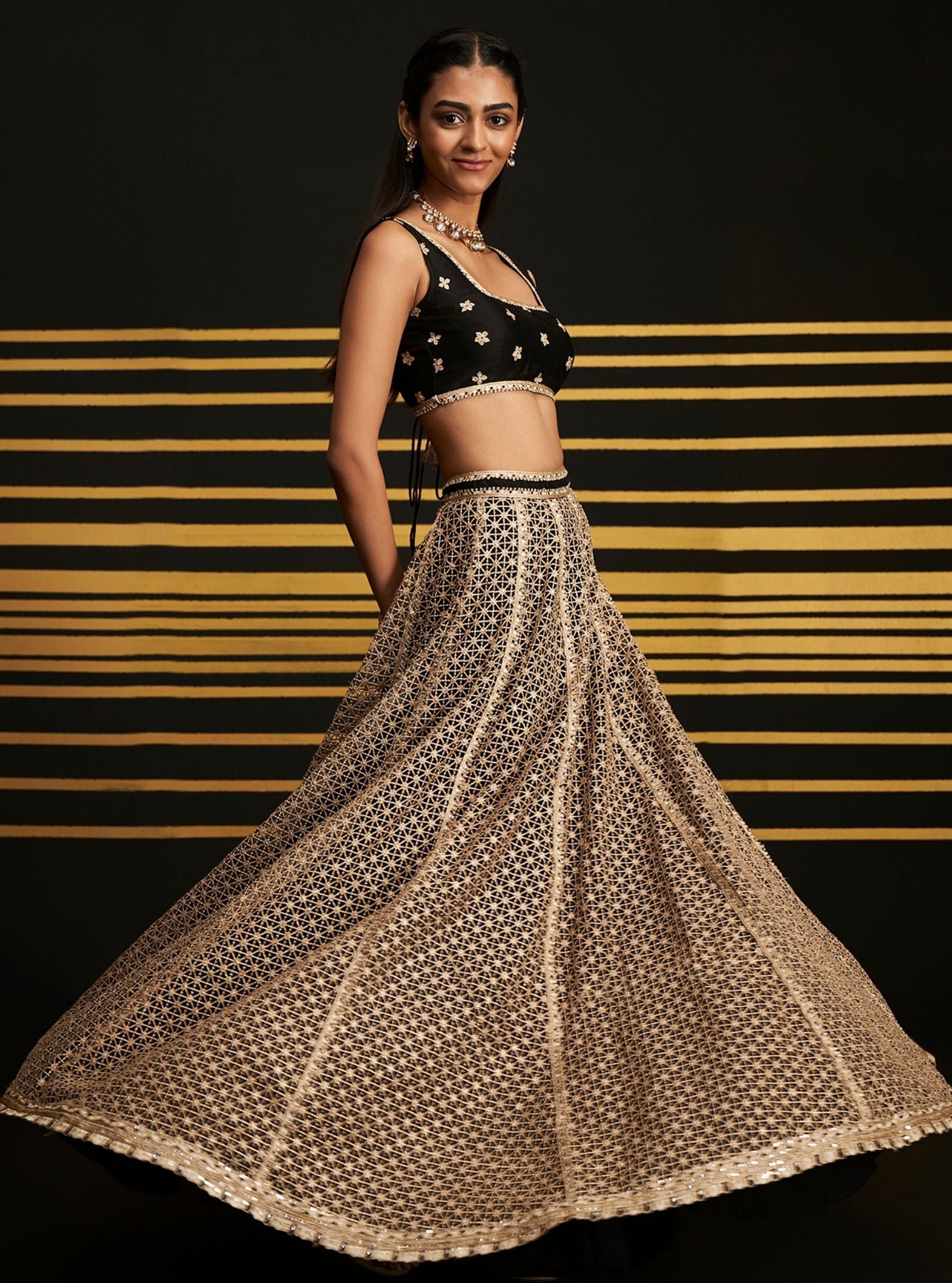 Mulmul Guipure Rehnuma Black lehenga