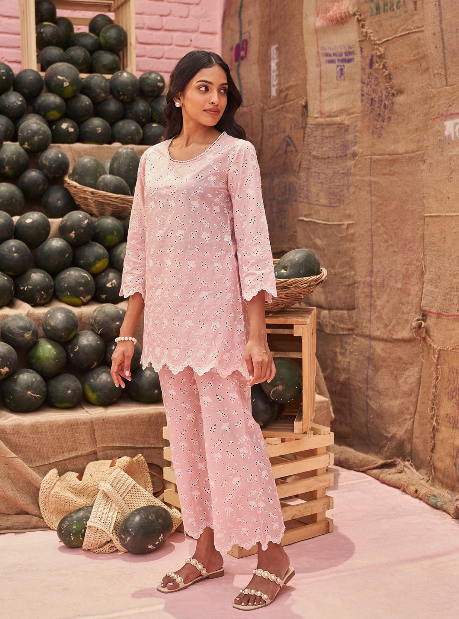 Mulmul Cotton Hannah Light Pink Top With Mulmul Cotton Hannah Light Pink Pant