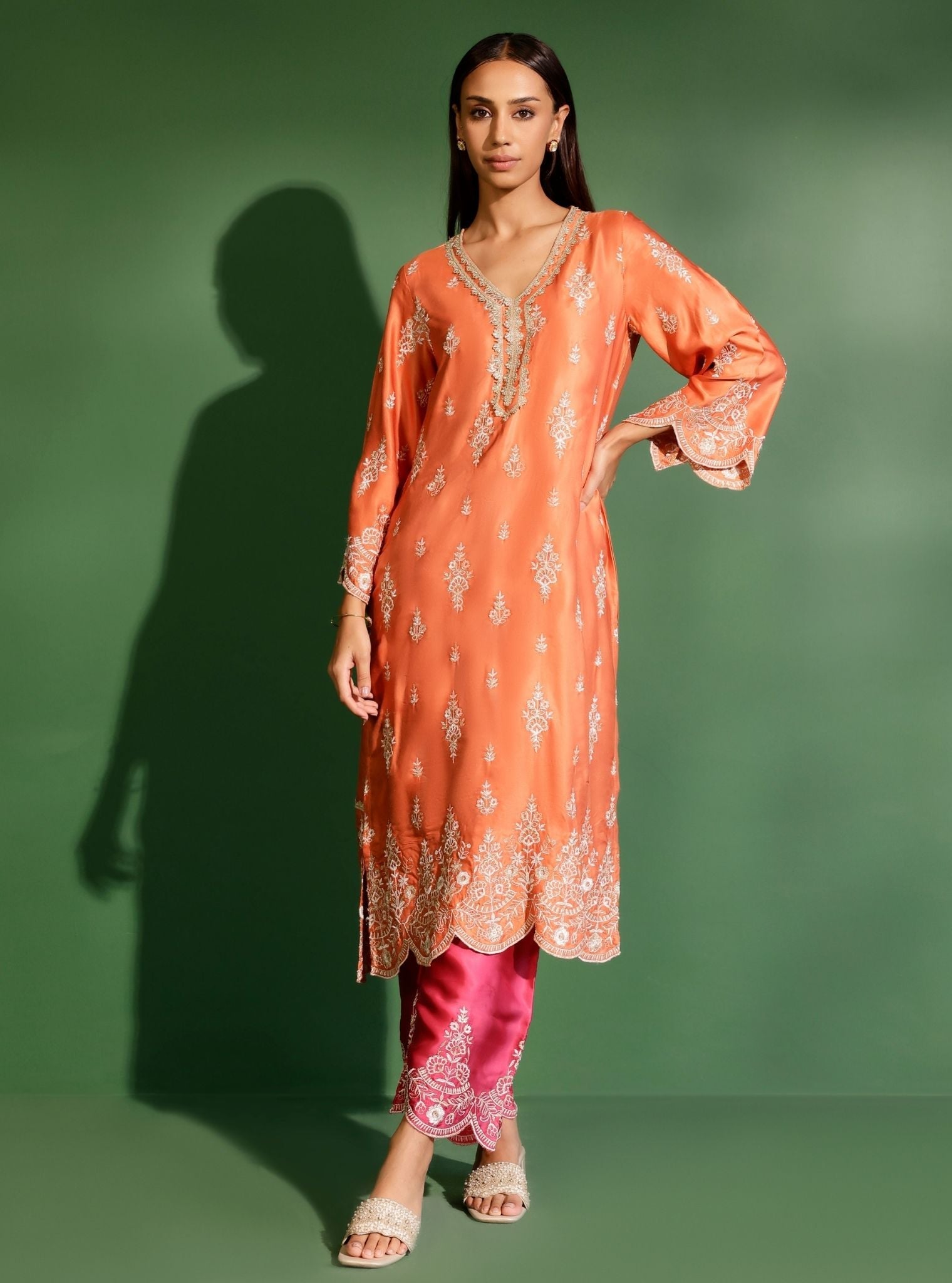 Mulmul Cupro Satin Emon Burnt Orange Kurta With Mulmul Cupro Satin Emon Fuschia Pant