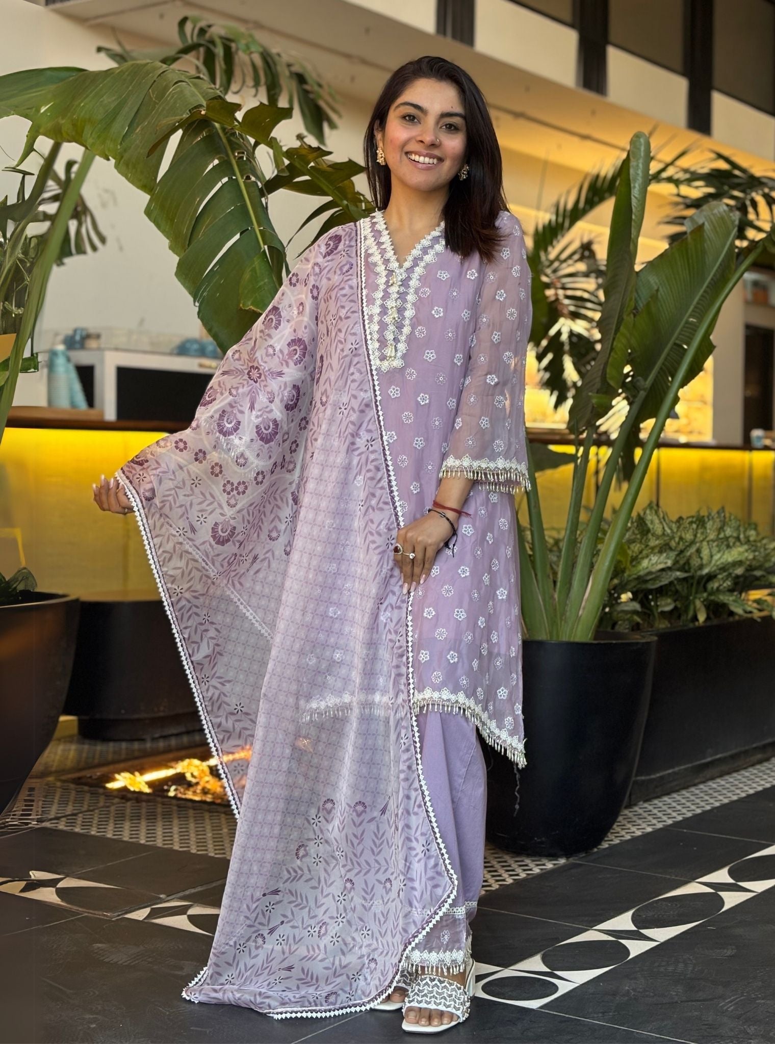 Mulmul Organza Hariette Lilac Kurta With Mulmul Cotton Hariette Lilac Pant