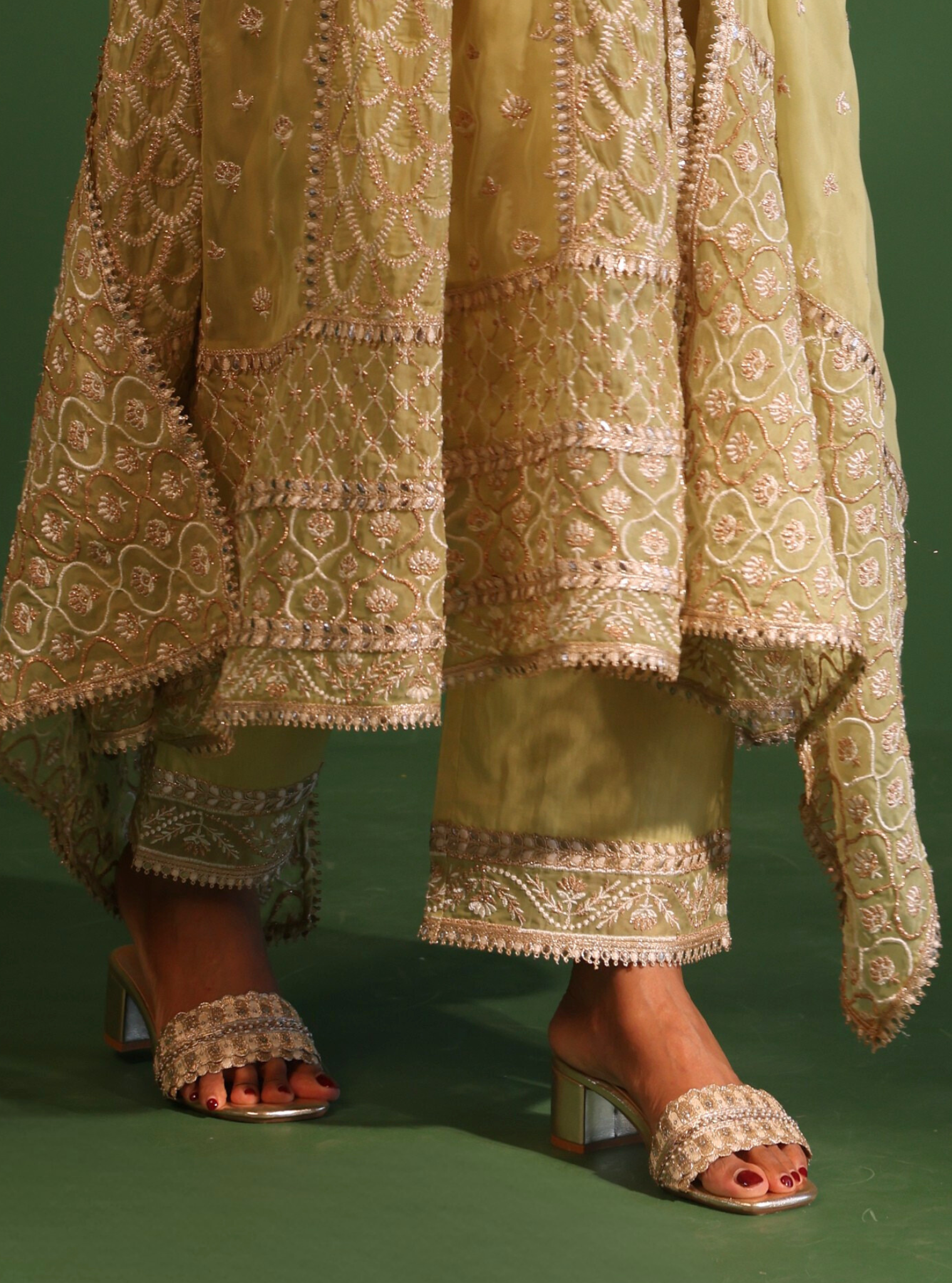 Mulmul Organza Dilruba Lime Green Anarkali Kurta With Mulmul Pima Satin Dilruba Lime Green Pant