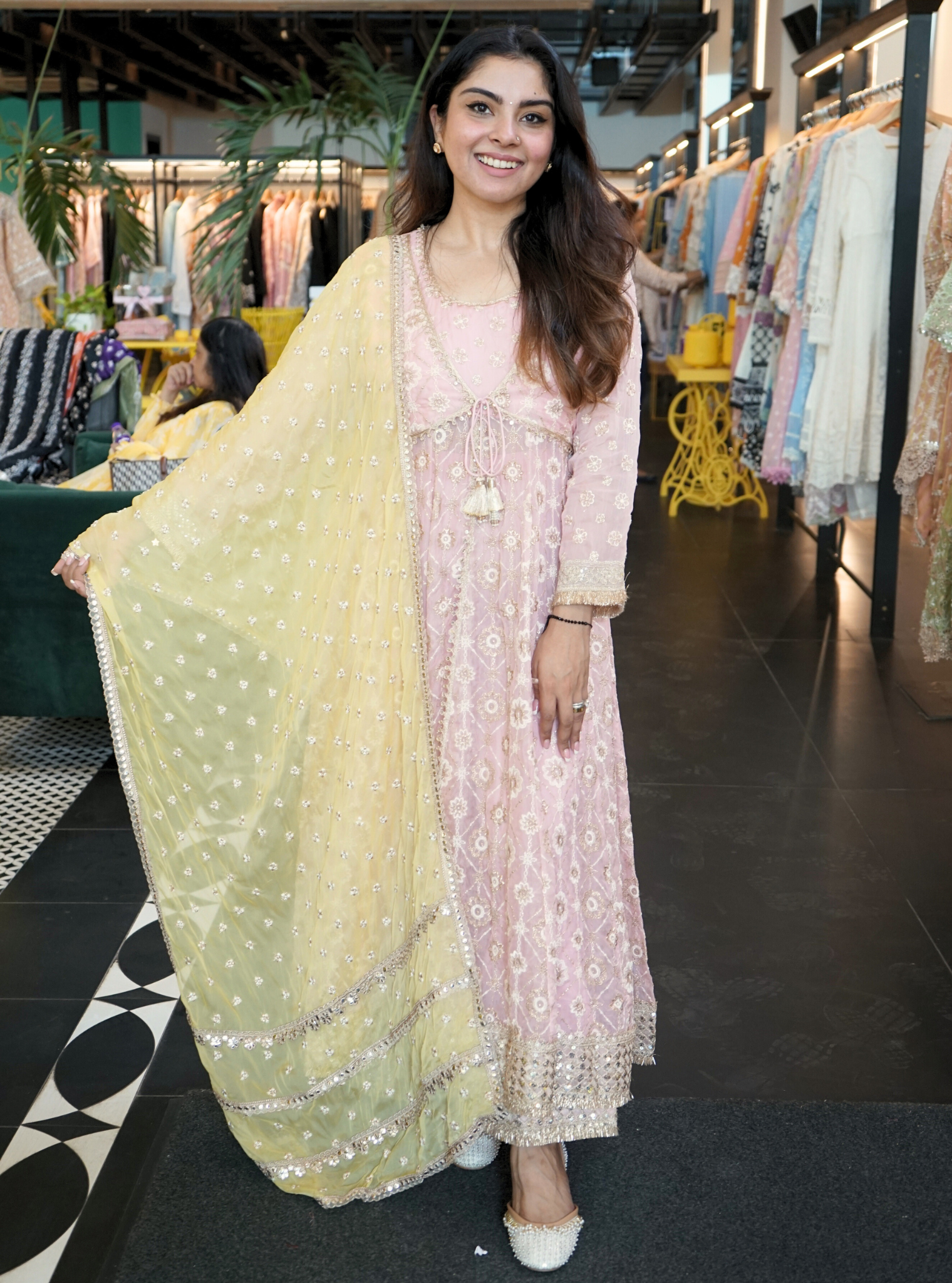 Mulmul Organza Ghoomar Anarkali Pink Kurta With Mulmul Pima Ghoomar Pink Pant