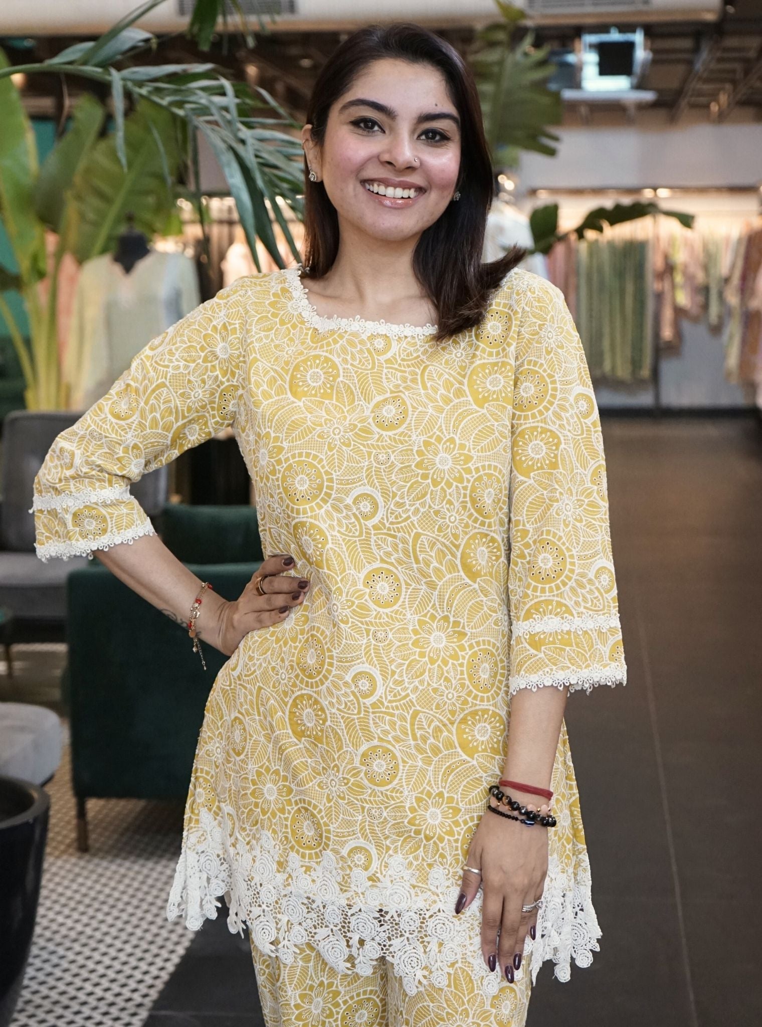 Mulmul Cotton Banska Mustard Top With Mulmul Cotton Banska Mustard Pant